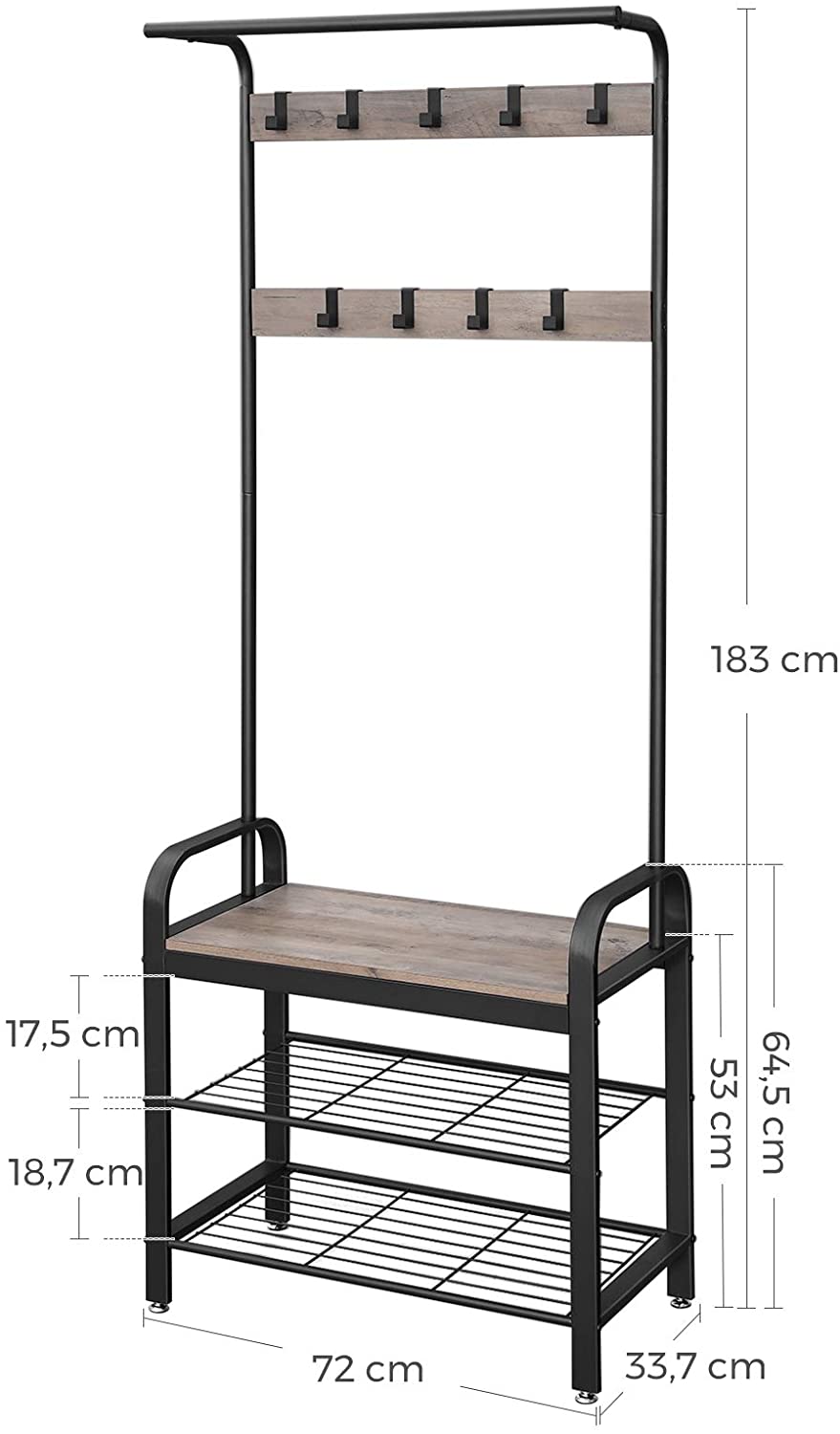 Greige and black steel freestanding coat rack with removable hooks, bench, and shoe rack, showcasing its stylish design and functionality.