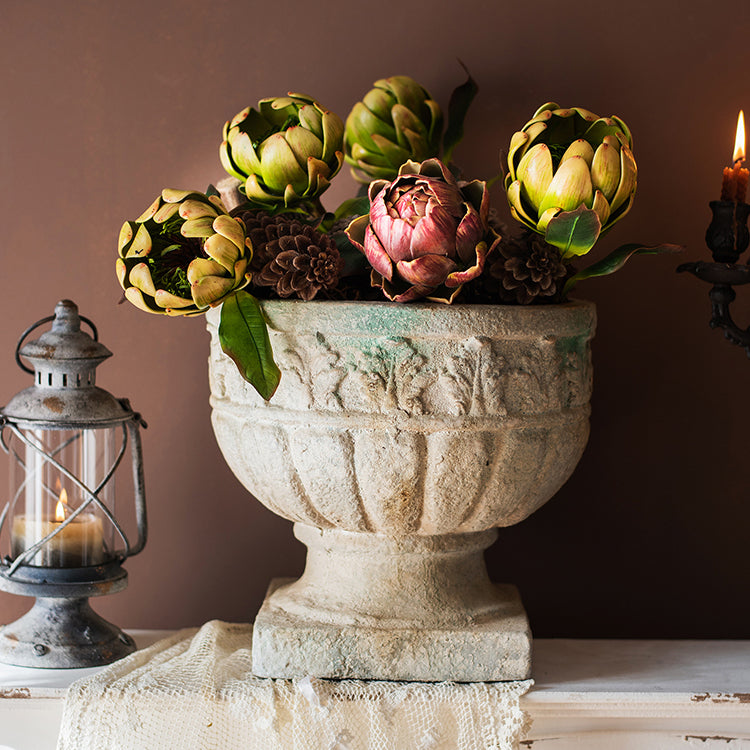 Greek Corinthian Style Flower Vase with ornamental carvings, showcasing a vintage design in ivory color, perfect for floral arrangements.