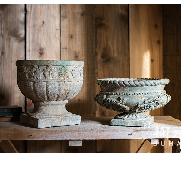 Greek Corinthian Style Flower Vase with ornamental carvings, showcasing a vintage design in ivory color, perfect for floral arrangements.