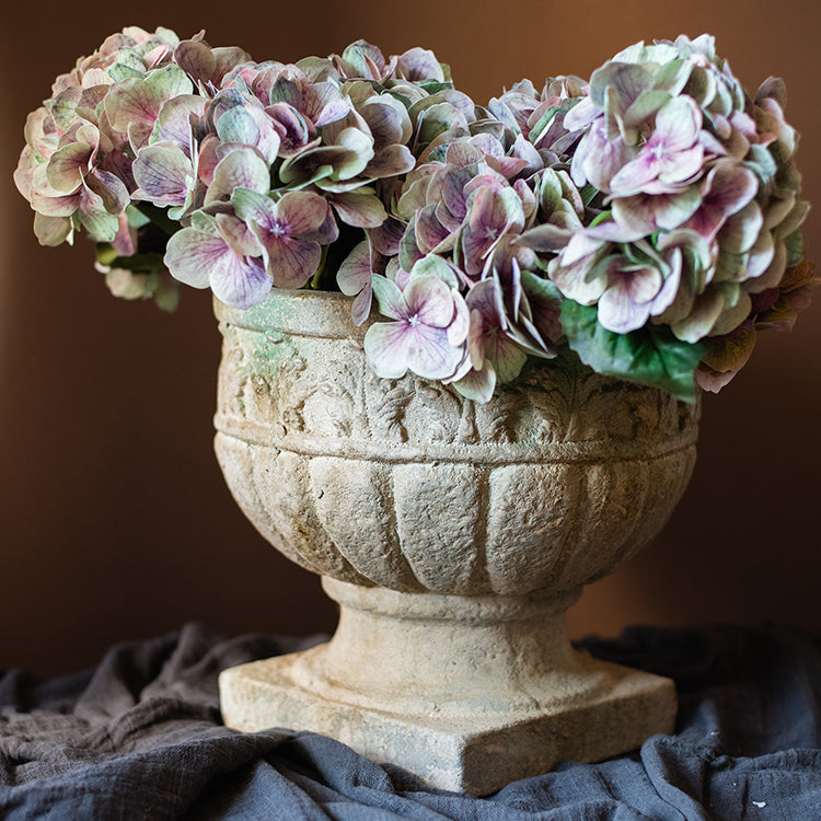 Greek Corinthian Style Flower Vase with ornamental carvings, showcasing a vintage design in ivory color, perfect for floral arrangements.