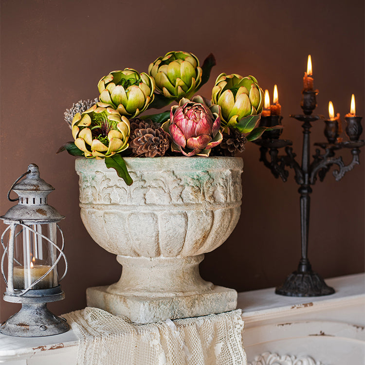 Greek Corinthian Style Flower Vase with ornamental carvings, showcasing a vintage design in ivory color, perfect for floral arrangements.