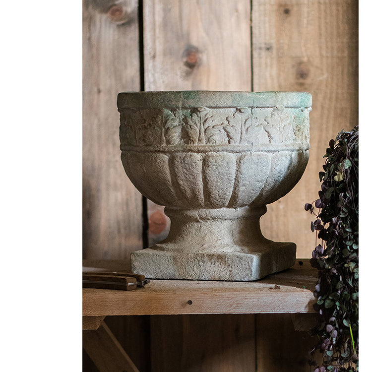 Greek Corinthian Style Flower Vase with ornamental carvings, showcasing a vintage design in ivory color, perfect for floral arrangements.