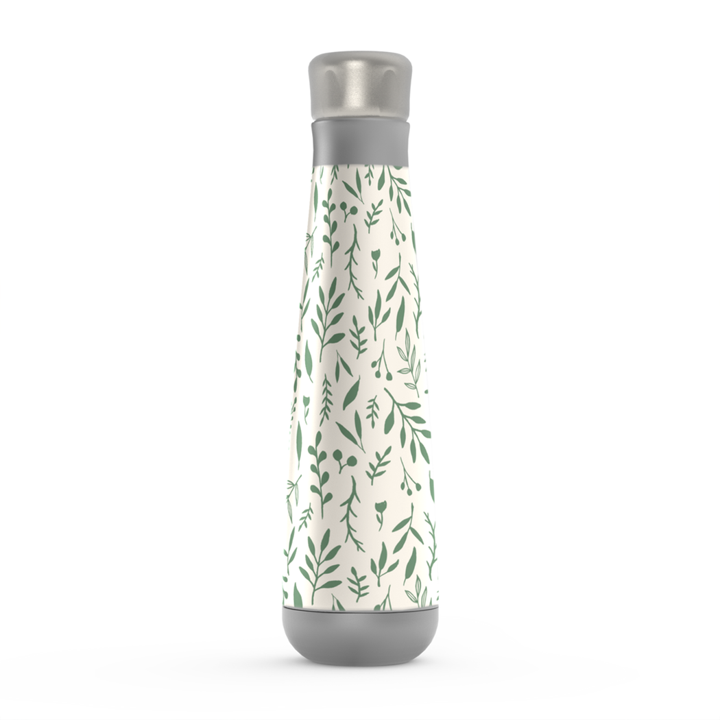 A stylish stainless steel water bottle featuring a green falling leaves design, perfect for hydration on the go.