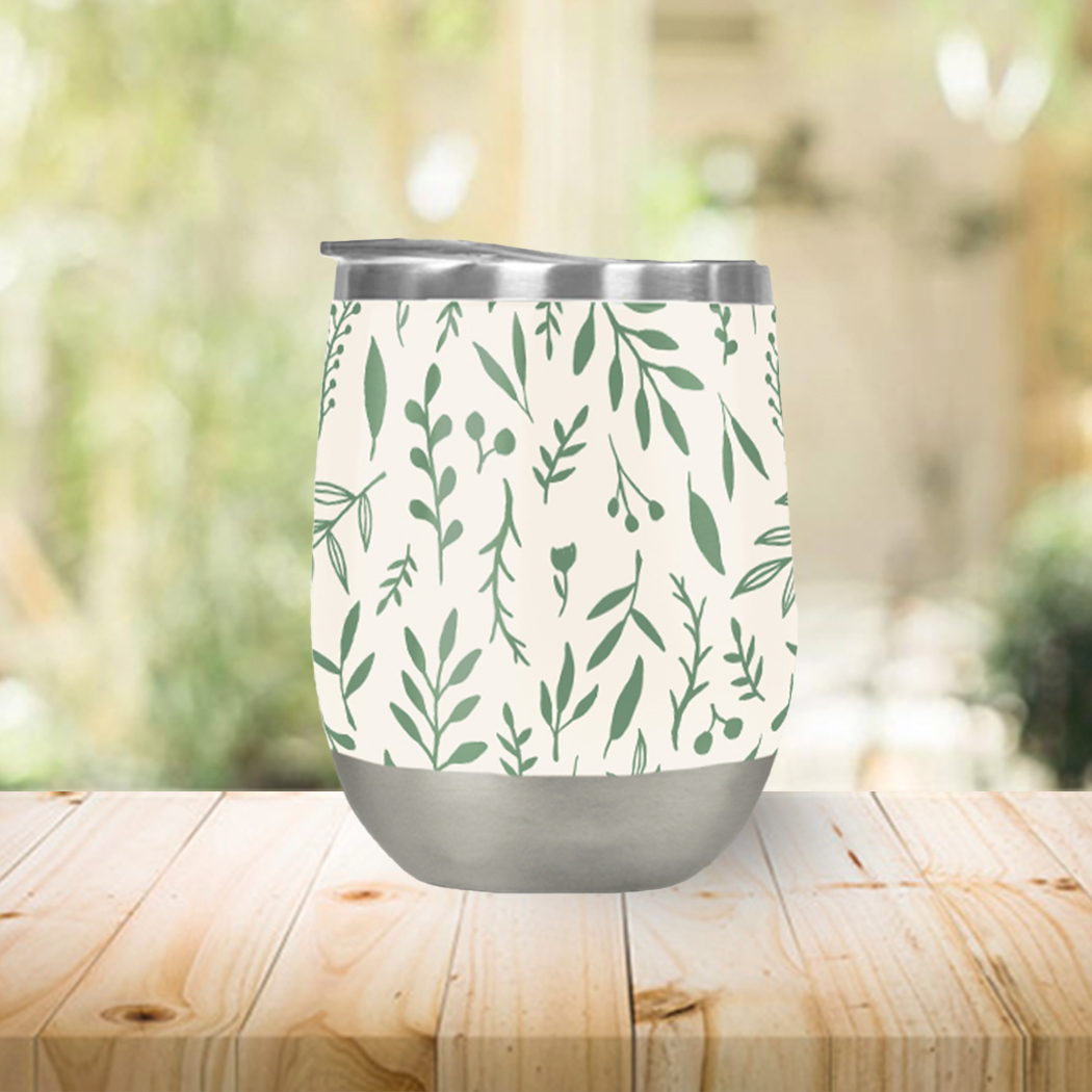 Green Falling Leaves Wine Tumbler with double-wall insulation, perfect for outdoor use.