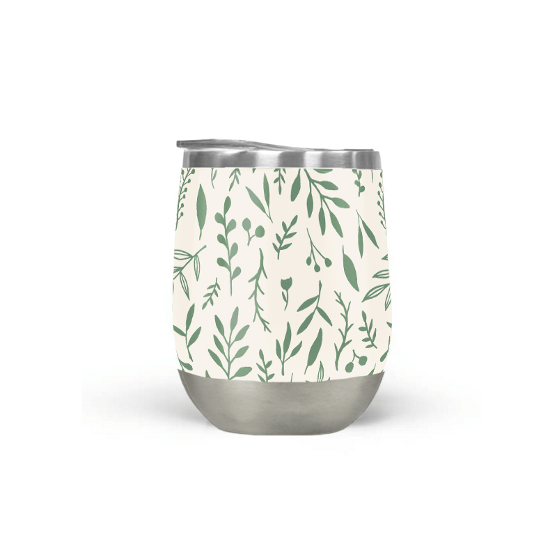 Green Falling Leaves Wine Tumbler with double-wall insulation, perfect for outdoor use.