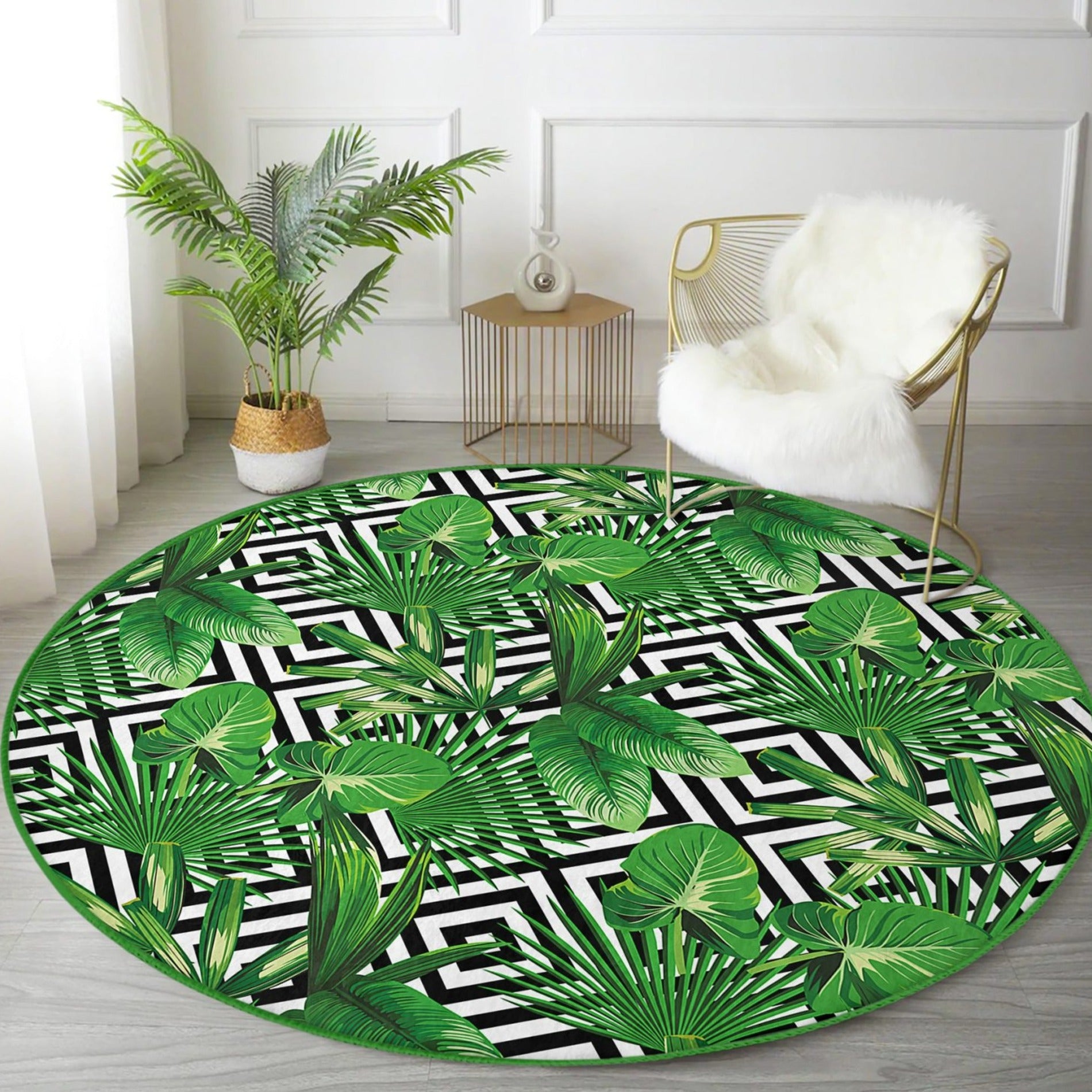 A beautiful green floral design round rug made of soft velvet fabric, showcasing vibrant colors and intricate floral patterns.