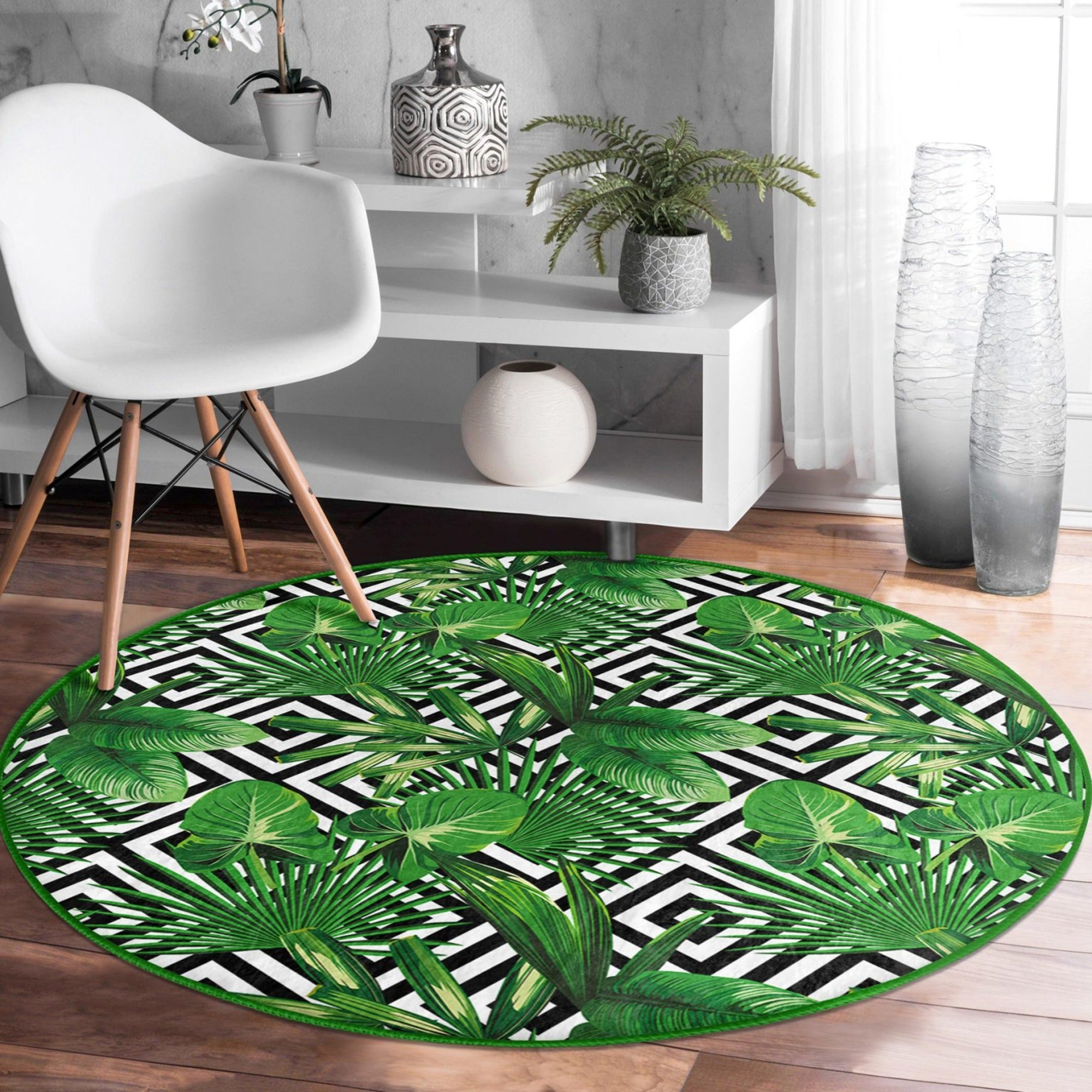 A beautiful green floral design round rug made of soft velvet fabric, showcasing vibrant colors and intricate floral patterns.