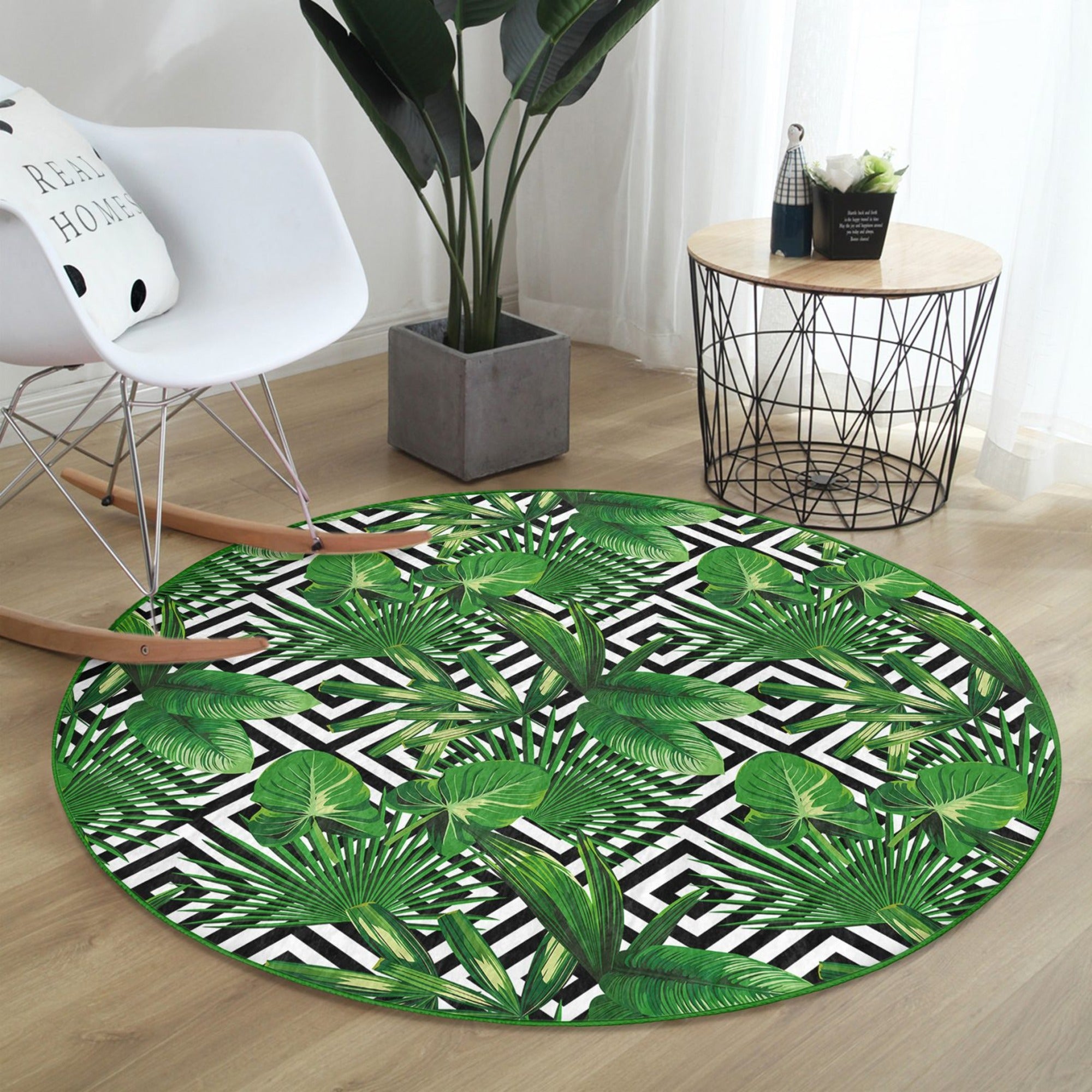 A beautiful green floral design round rug made of soft velvet fabric, showcasing vibrant colors and intricate floral patterns.