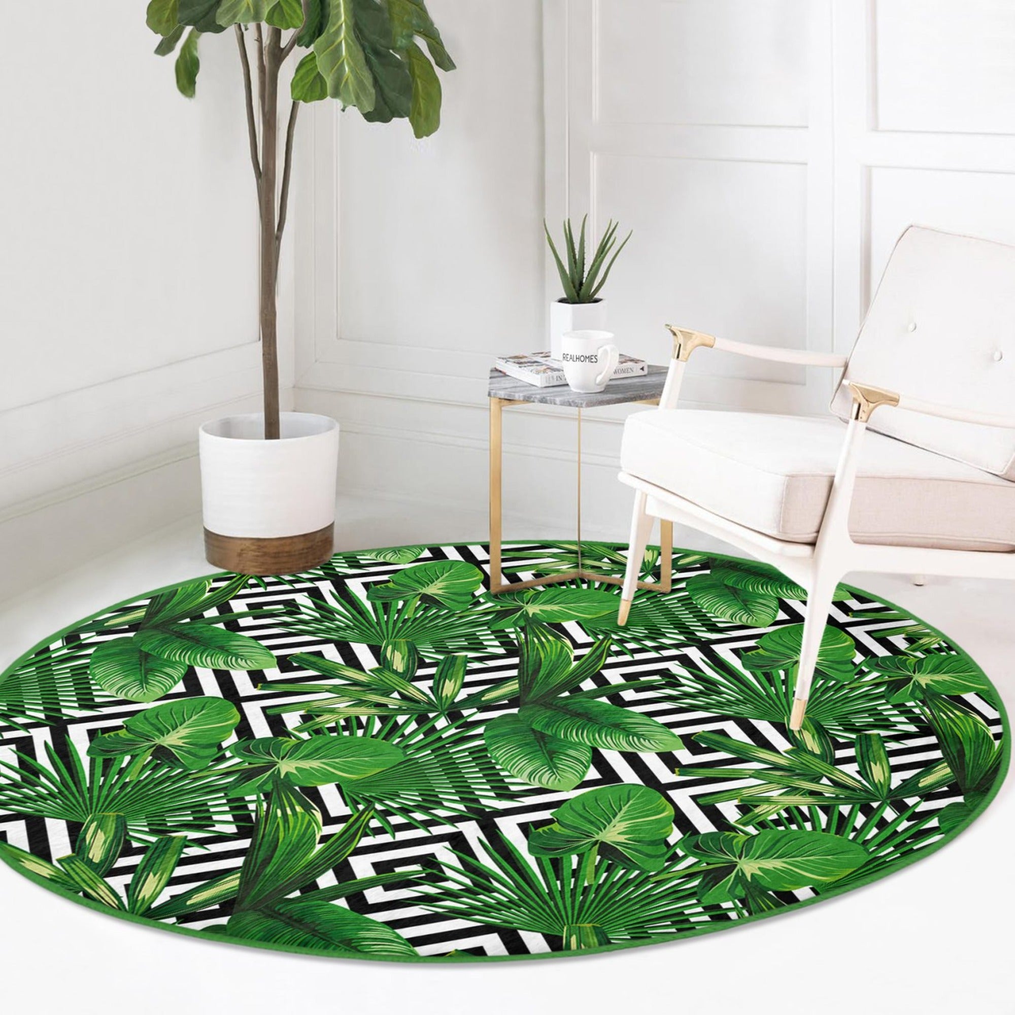 A beautiful green floral design round rug made of soft velvet fabric, showcasing vibrant colors and intricate floral patterns.