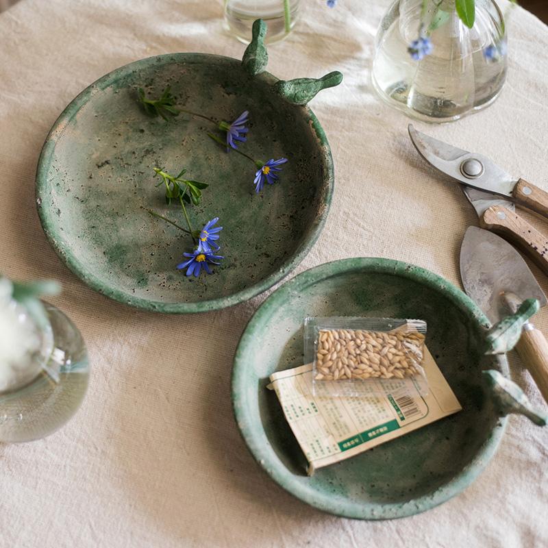 Green Iron Tray Bird Decorative Tray with rustic design, perfect for serving or decoration.