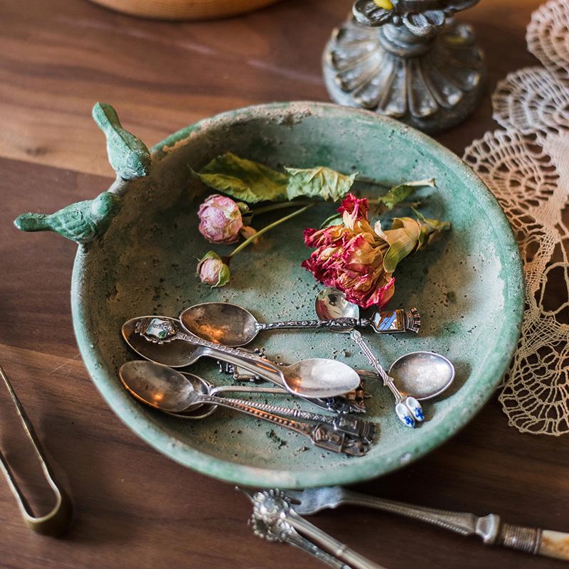 Green Iron Tray Bird Decorative Tray with rustic design, perfect for serving or decoration.