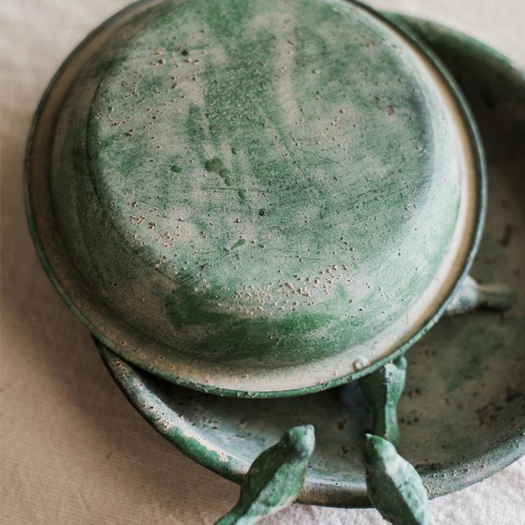 Green Iron Tray Bird Decorative Tray with rustic design, perfect for serving or decoration.