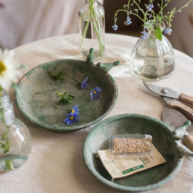 Green Iron Tray Bird Decorative Tray with rustic design, perfect for serving or decoration.