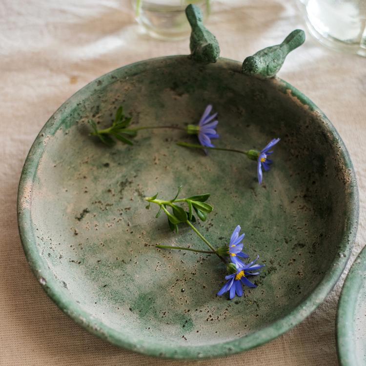 Green Iron Tray Bird Decorative Tray with rustic design, perfect for serving or decoration.