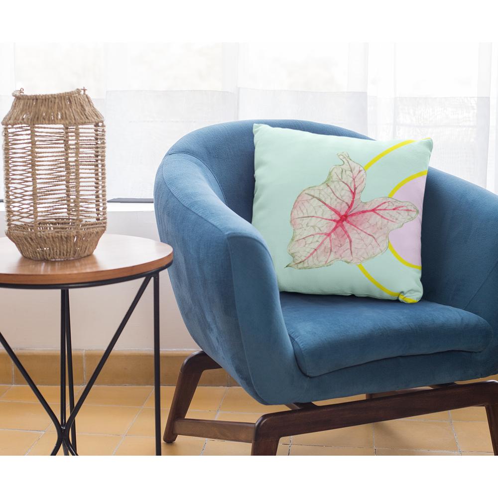 Green Leaf Square Pillow featuring a vibrant leaf design, available in four sizes, perfect for home decoration.