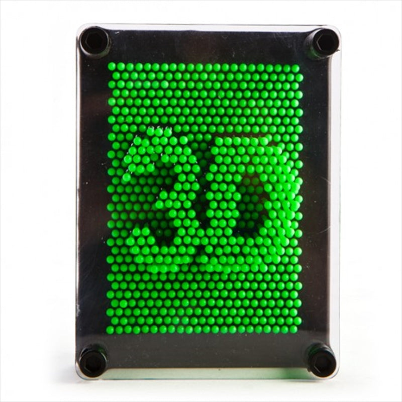 Bright green neon pin art with 3D pins creating various shapes and designs.