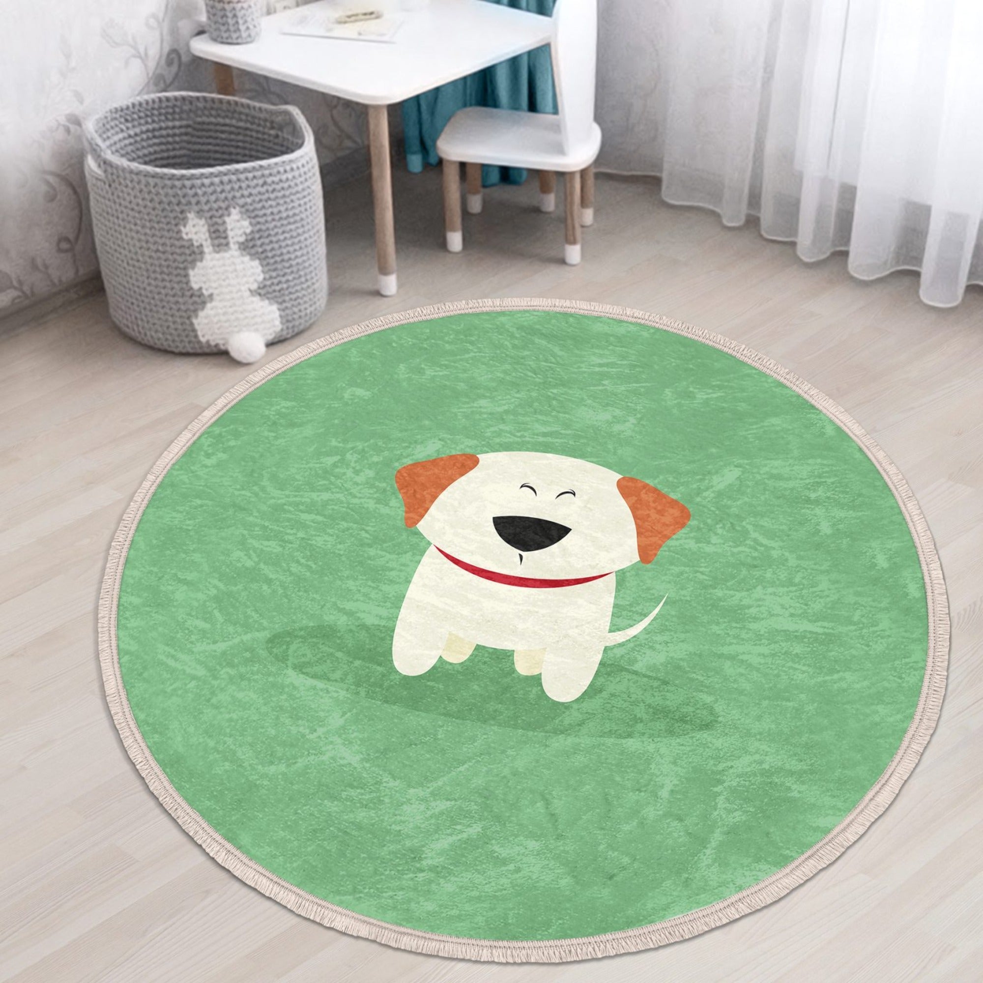 Green patterned round rug featuring cute dog prints, perfect for kids' rooms and nurseries, made from soft velvet fabric.