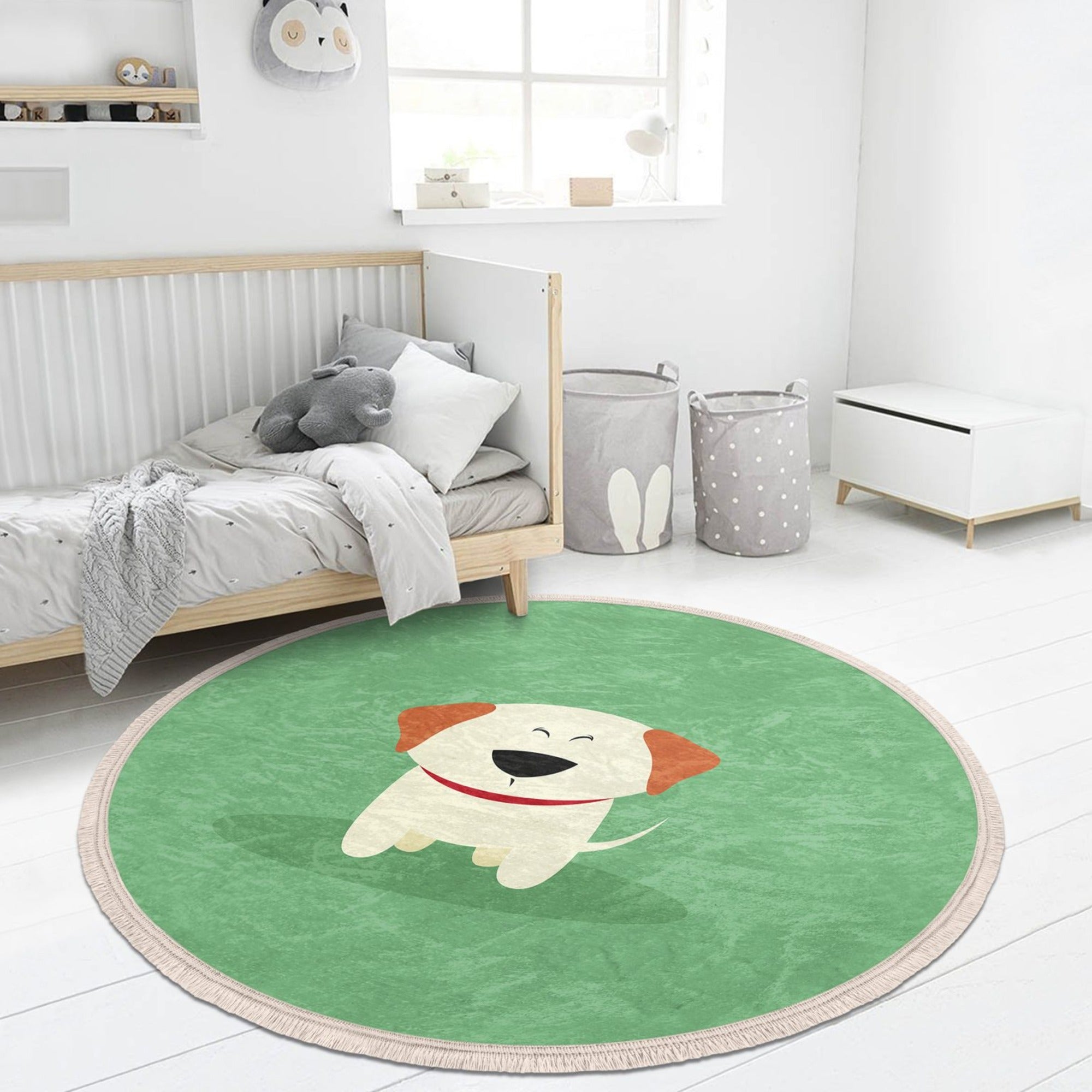 Green patterned round rug featuring cute dog prints, perfect for kids' rooms and nurseries, made from soft velvet fabric.