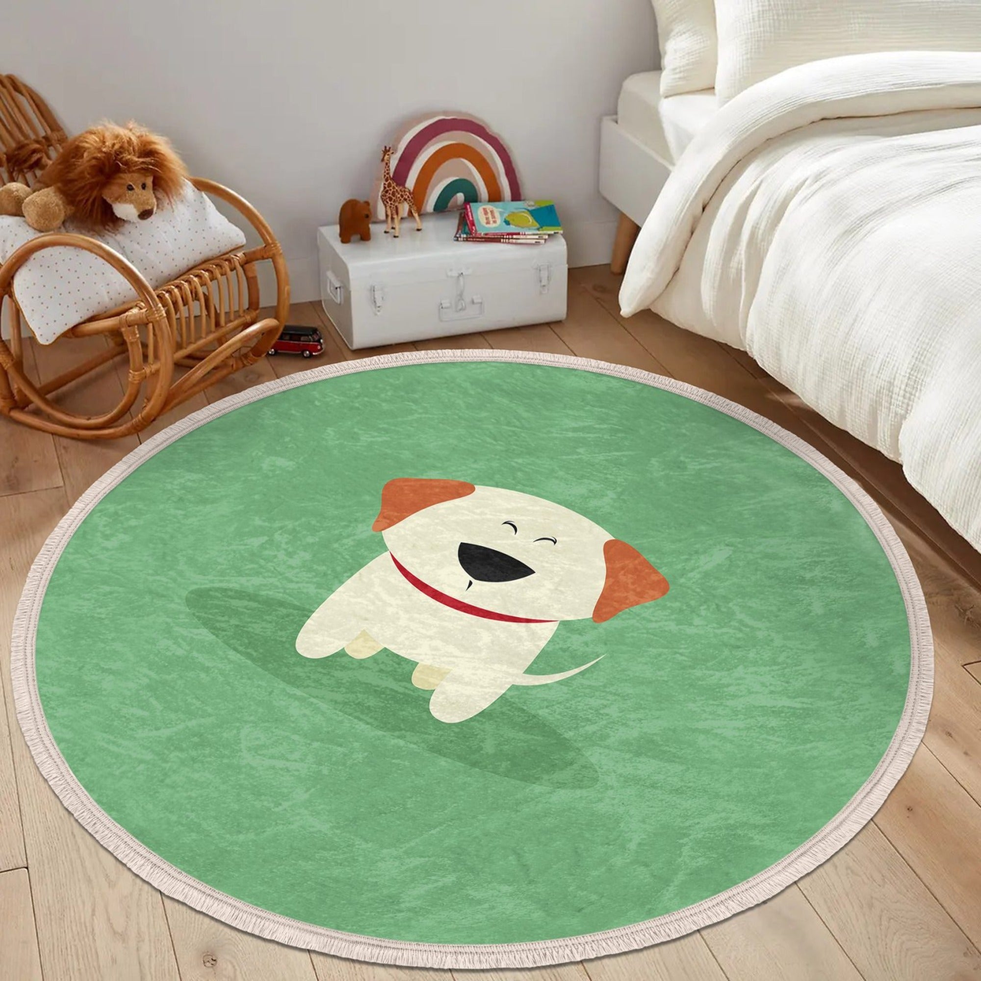 Green patterned round rug featuring cute dog prints, perfect for kids' rooms and nurseries, made from soft velvet fabric.