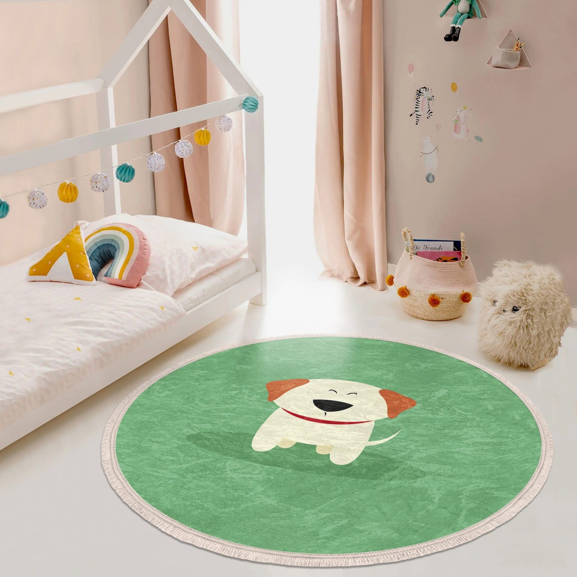 Green patterned round rug featuring cute dog prints, perfect for kids' rooms and nurseries, made from soft velvet fabric.