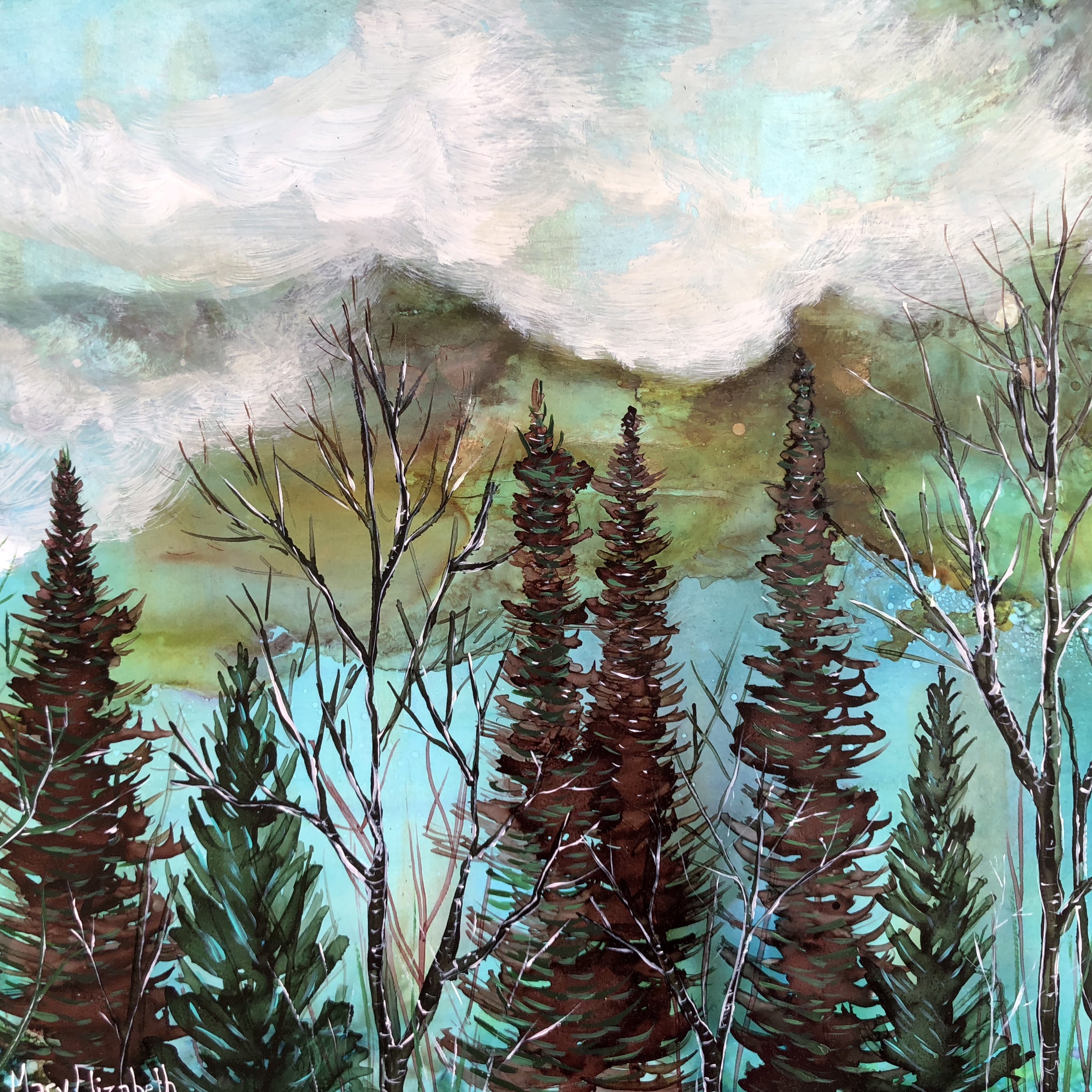 A beautiful greeting card featuring a moody landscape with a vibrant green sky and a tranquil forest below, perfect for gifting or framing.