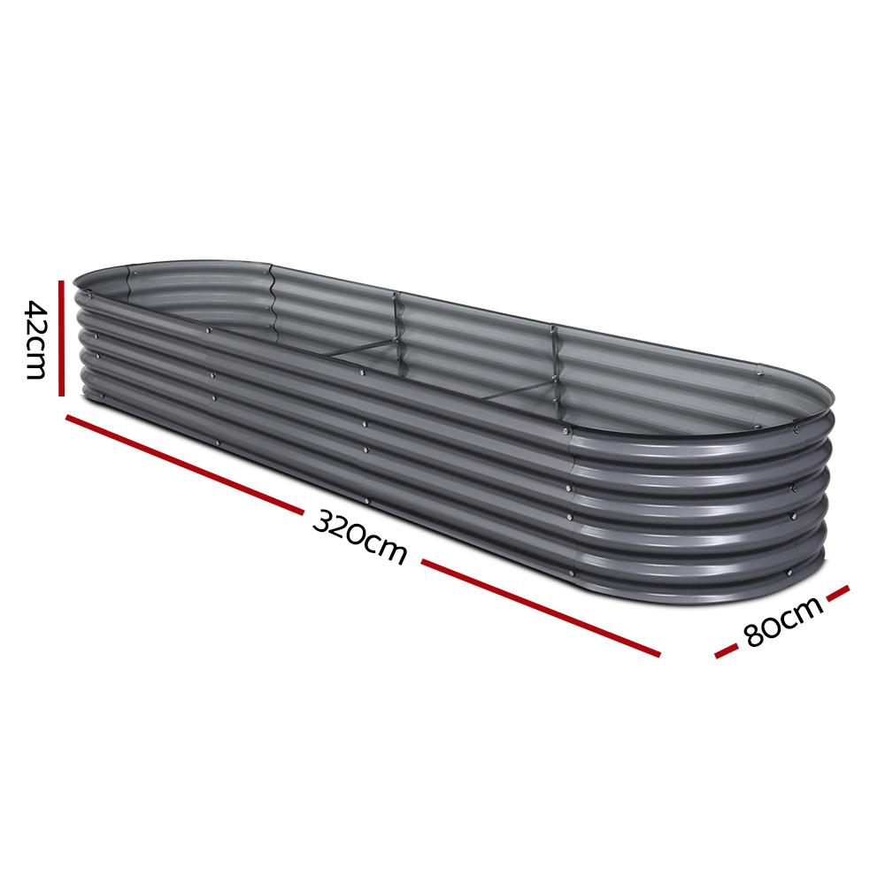 Greenfingers 320X80X42CM Galvanised Raised Garden Bed made of durable SGCC steel, featuring rounded edges and a sleek aluminium grey finish.