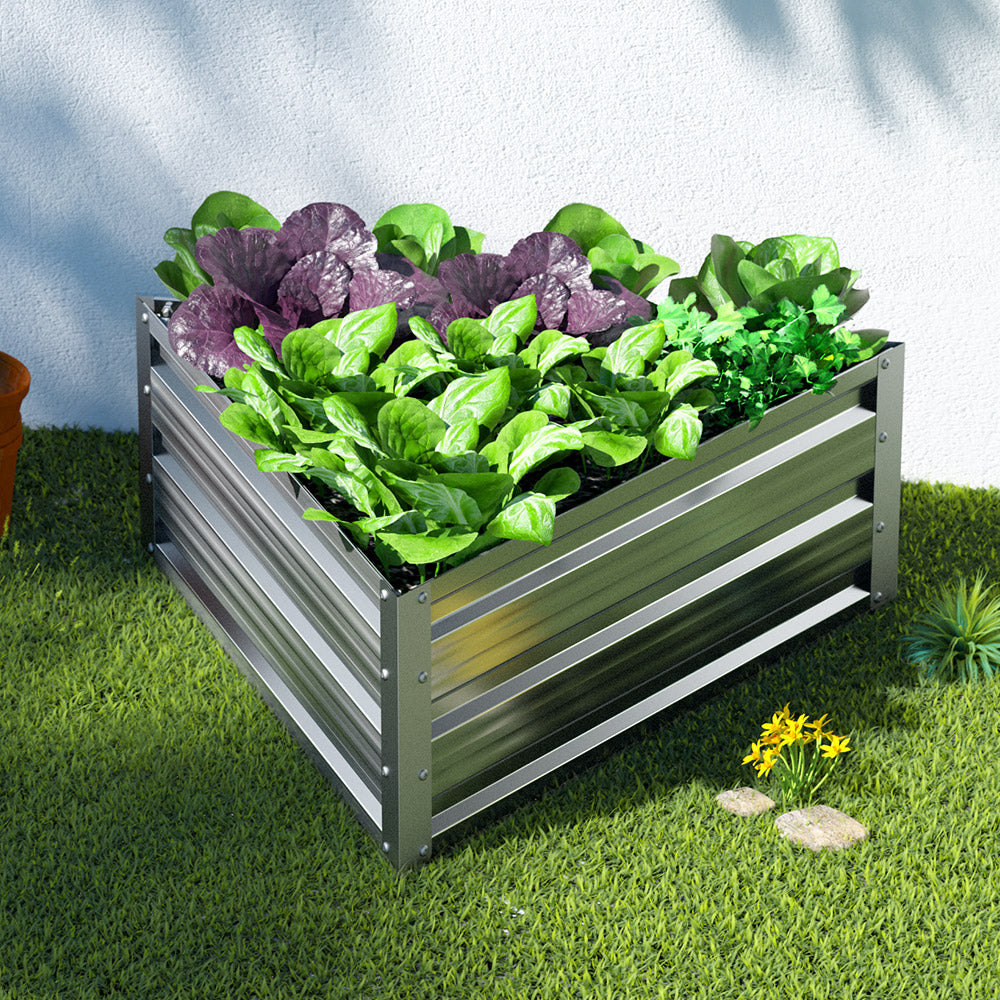 Greenfingers Galvanised Steel Raised Planter for growing vegetables, featuring rounded edges and a durable design.