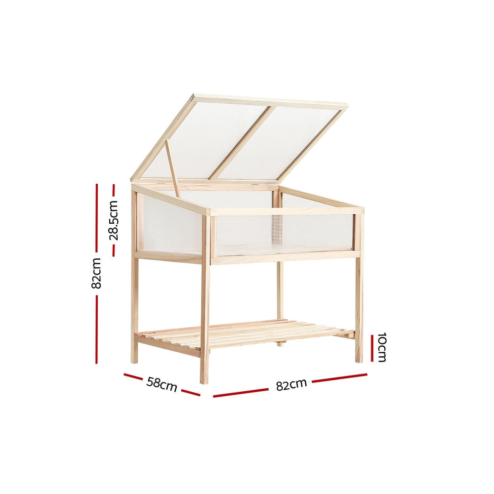 Greenfingers Raised Wooden Planter Box with translucent polycarbonate sides, showcasing a sturdy pinewood frame and tiltable roof panels.