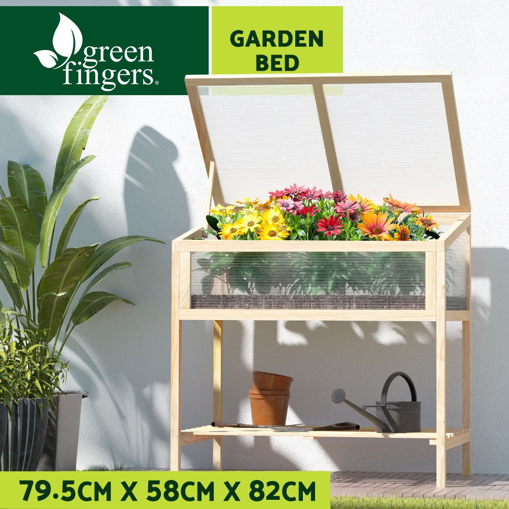 Greenfingers Raised Wooden Planter Box with translucent polycarbonate sides, showcasing a sturdy pinewood frame and tiltable roof panels.