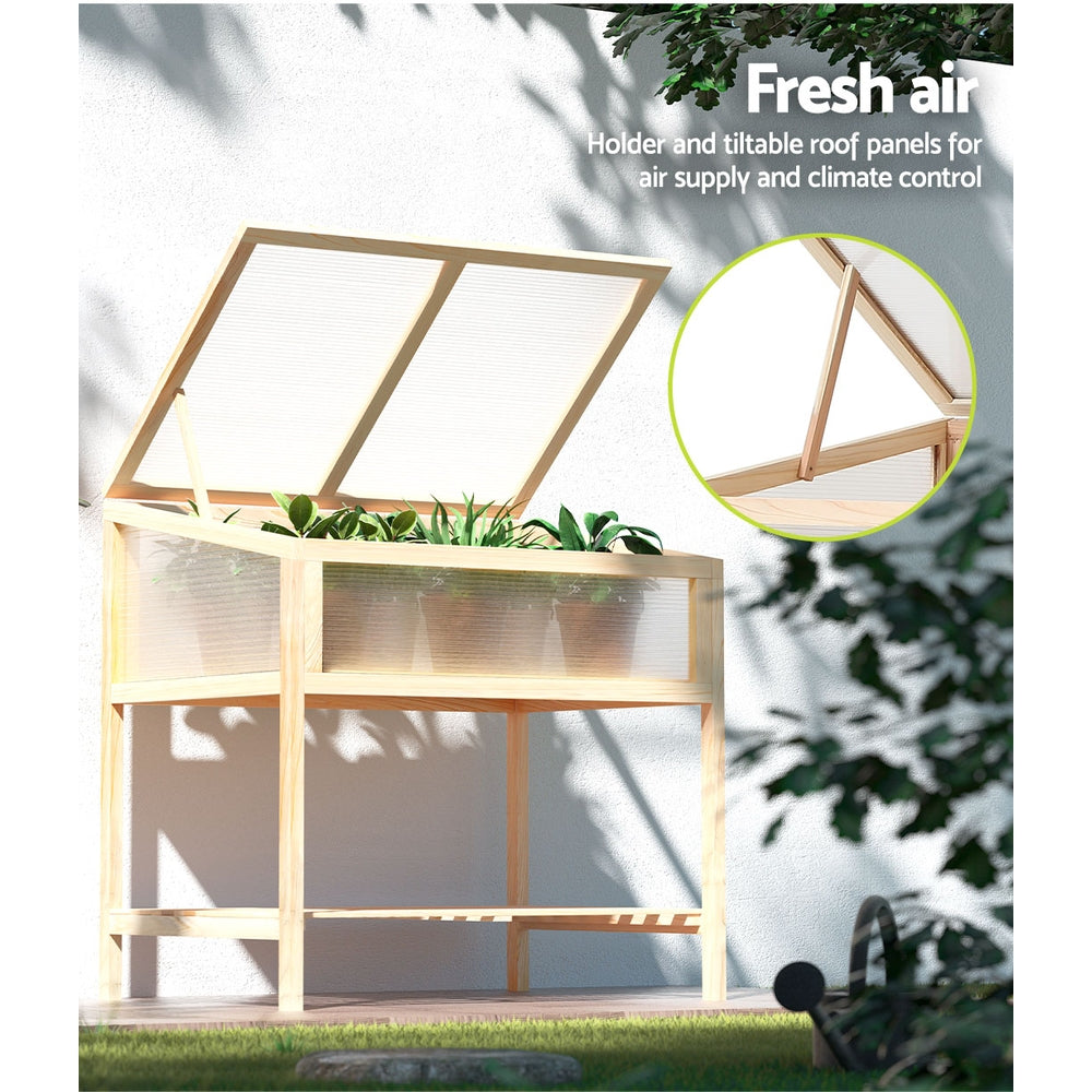 Greenfingers Raised Wooden Planter Box with translucent polycarbonate sides, showcasing a sturdy pinewood frame and tiltable roof panels.