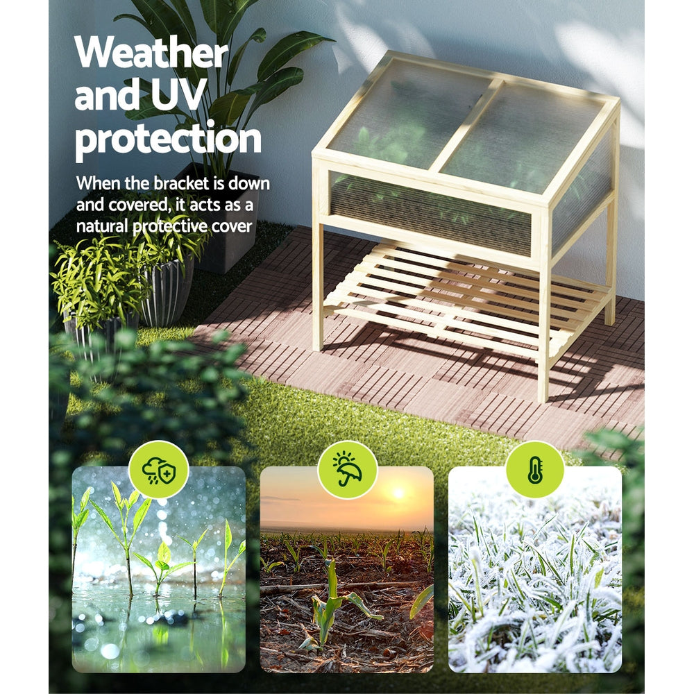 Greenfingers Raised Wooden Planter Box with translucent polycarbonate sides, showcasing a sturdy pinewood frame and tiltable roof panels.