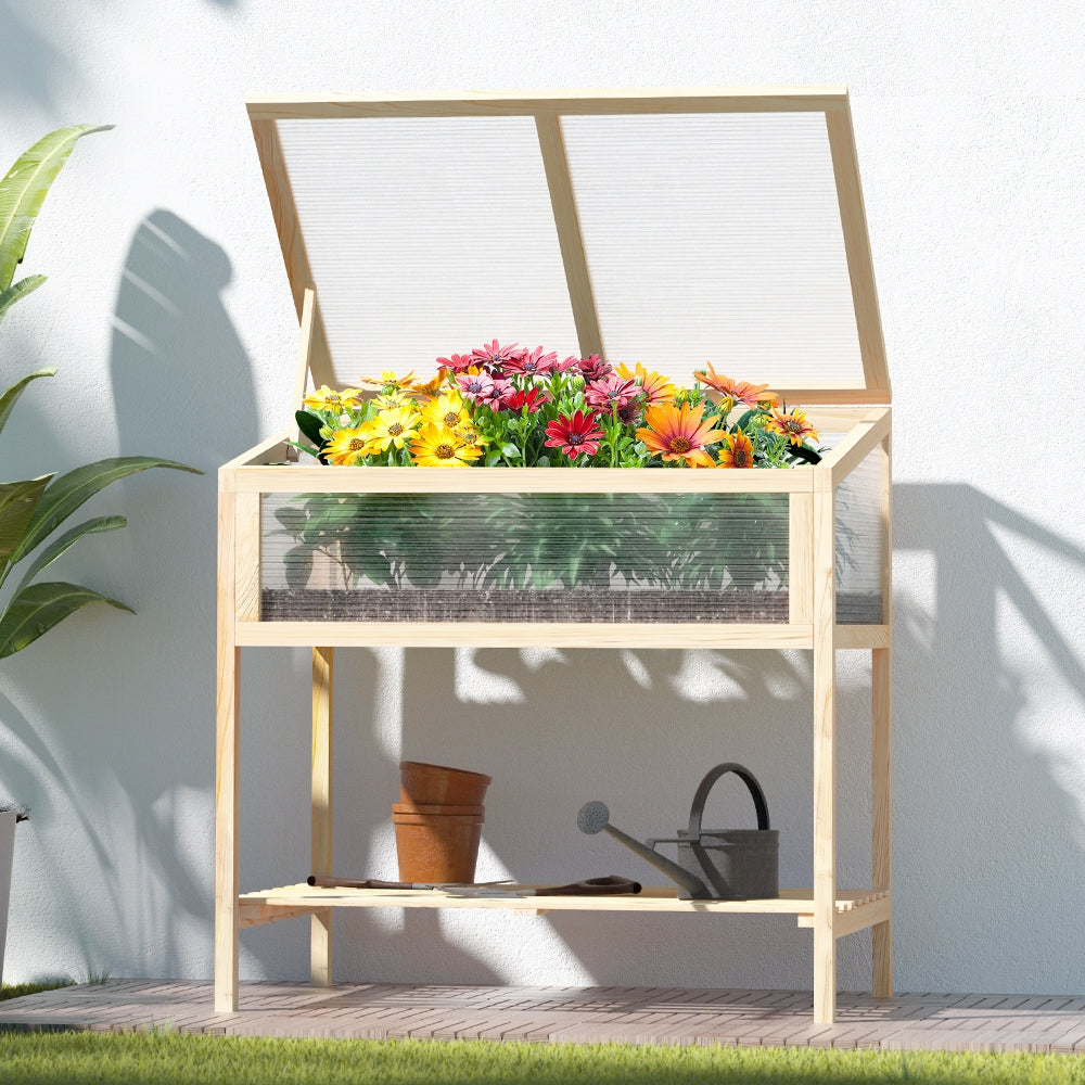 Greenfingers Raised Wooden Planter Box with translucent polycarbonate sides, showcasing a sturdy pinewood frame and tiltable roof panels.