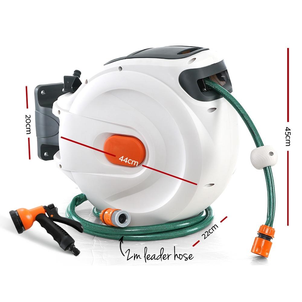 Greenfingers Retractable Hose Reel with 20M hose and spray gun, showcasing its compact design and sturdy build.