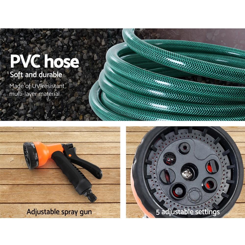 Greenfingers Retractable Hose Reel with 20M hose and spray gun, showcasing its compact design and sturdy build.