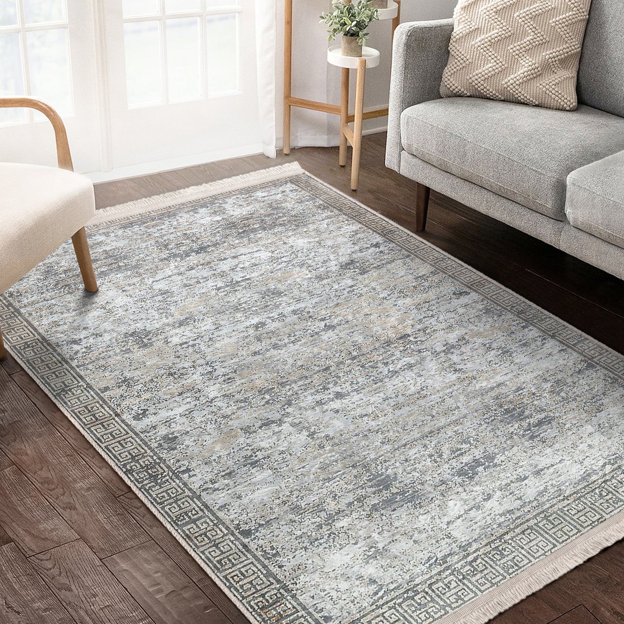 Grey Classic Home Living Room Washable Rug with fringes, showcasing a soft cotton and polyester blend, perfect for stylish interiors.