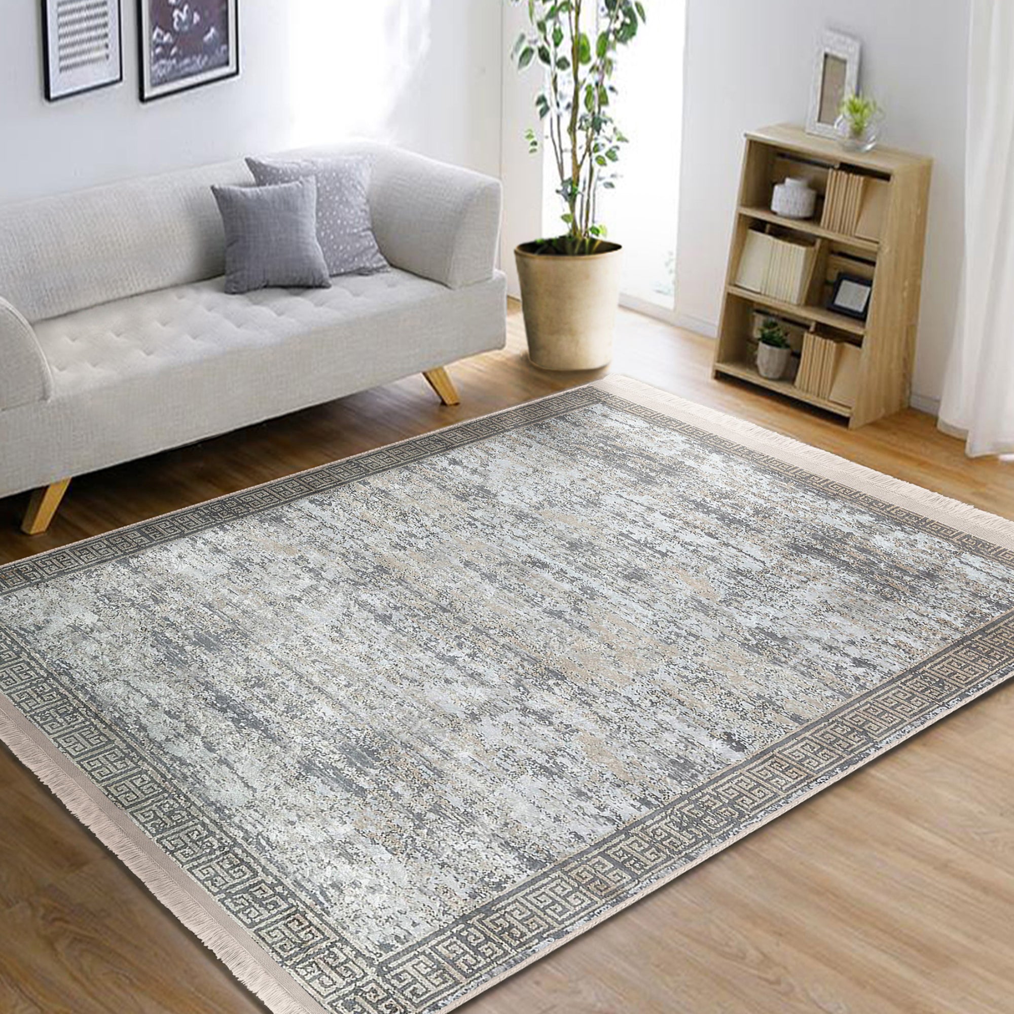 Grey Classic Home Living Room Washable Rug with fringes, showcasing a soft cotton and polyester blend, perfect for stylish interiors.