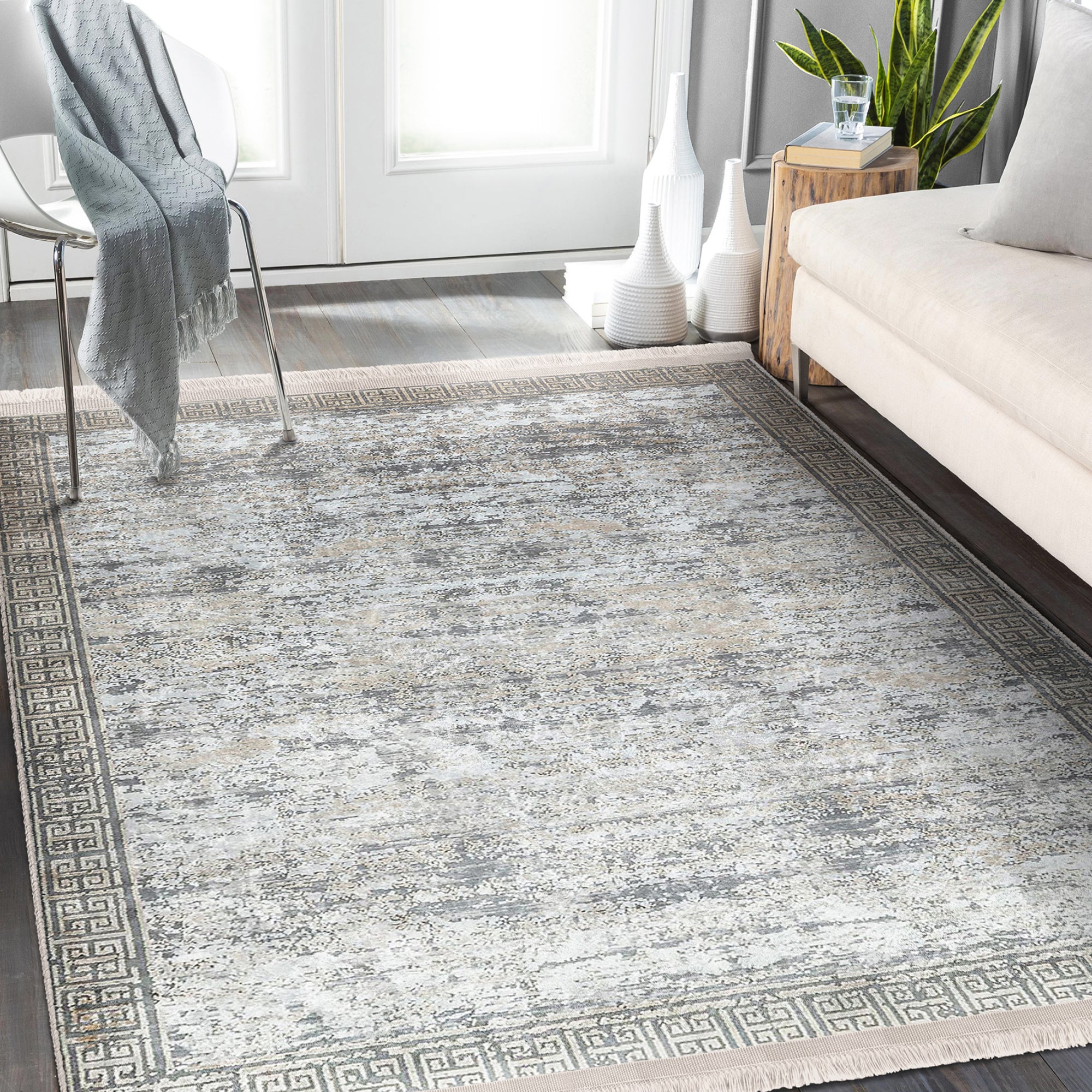 Grey Classic Home Living Room Washable Rug with fringes, showcasing a soft cotton and polyester blend, perfect for stylish interiors.