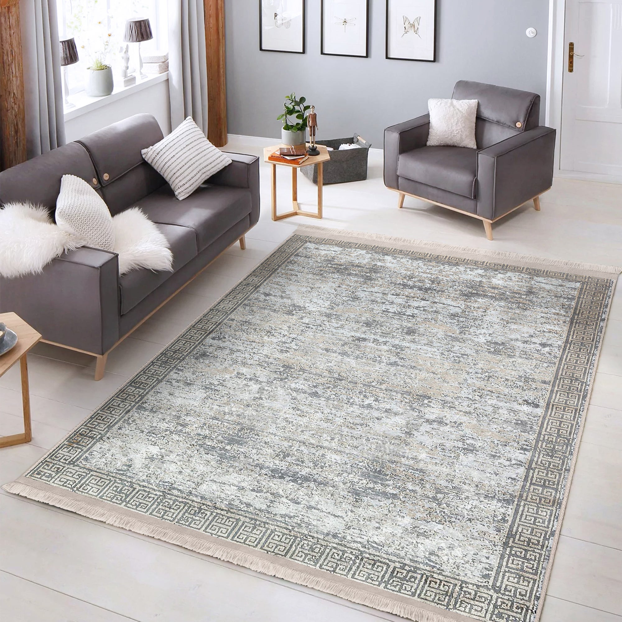 Grey Classic Home Living Room Washable Rug with fringes, showcasing a soft cotton and polyester blend, perfect for stylish interiors.