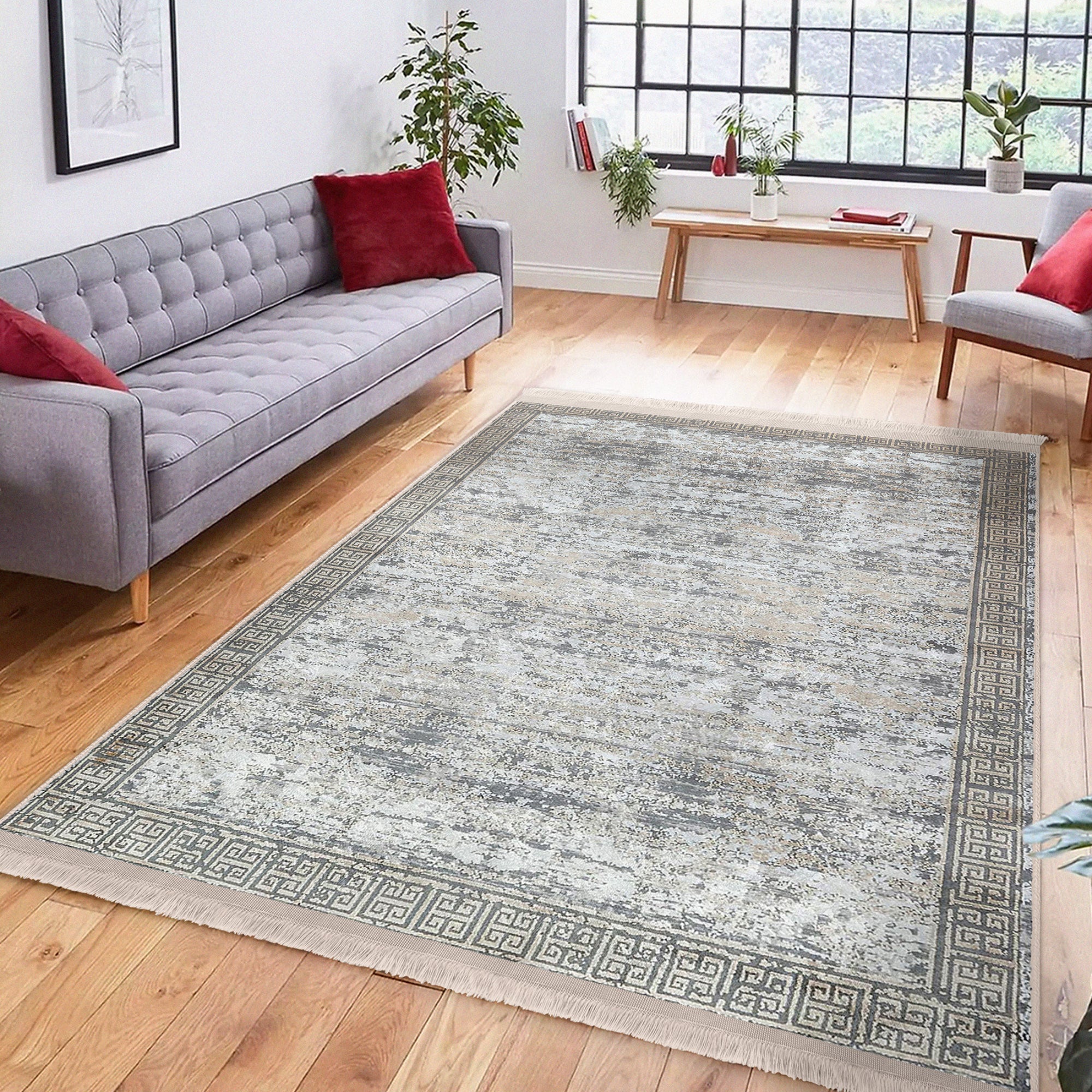 Grey Classic Home Living Room Washable Rug with fringes, showcasing a soft cotton and polyester blend, perfect for stylish interiors.