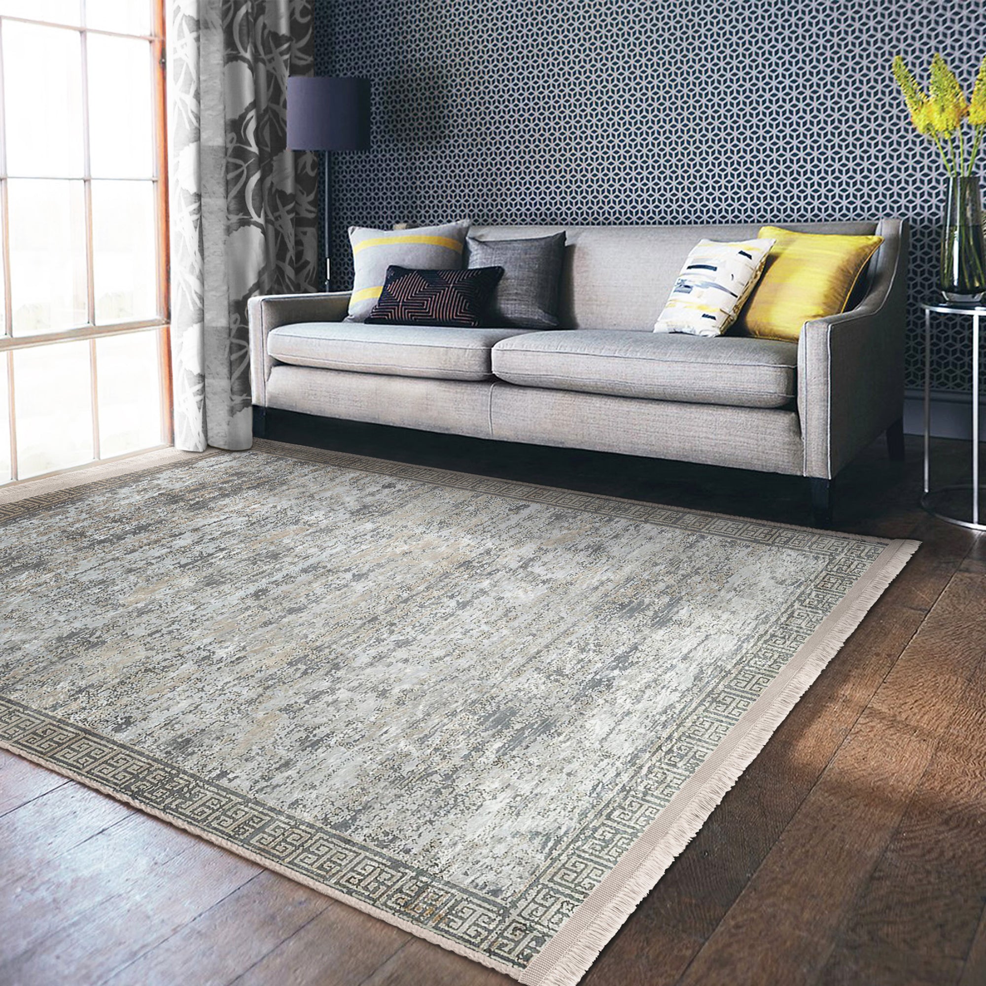 Grey Classic Home Living Room Washable Rug with fringes, showcasing a soft cotton and polyester blend, perfect for stylish interiors.