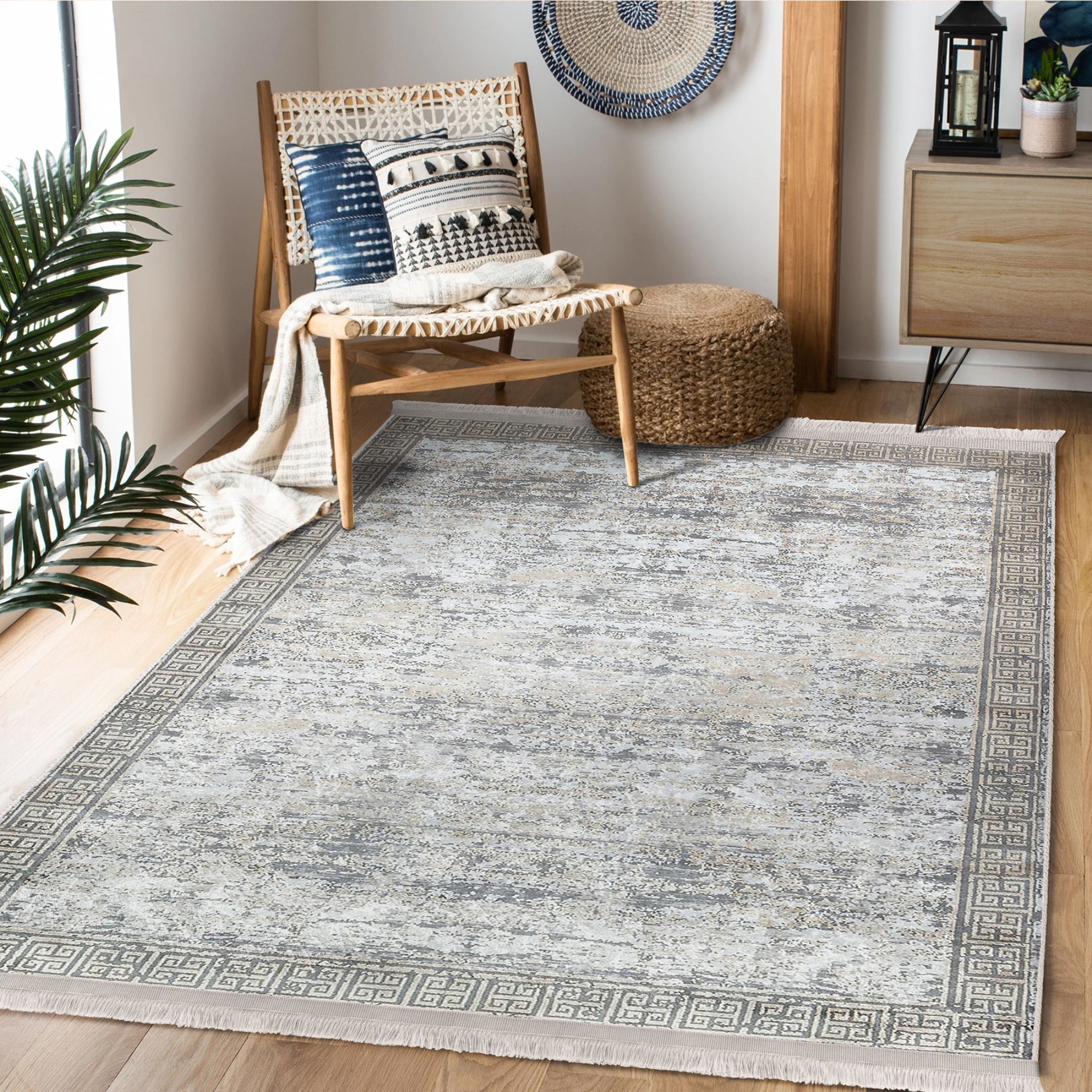 Grey Classic Home Living Room Washable Rug with fringes, showcasing a soft cotton and polyester blend, perfect for stylish interiors.