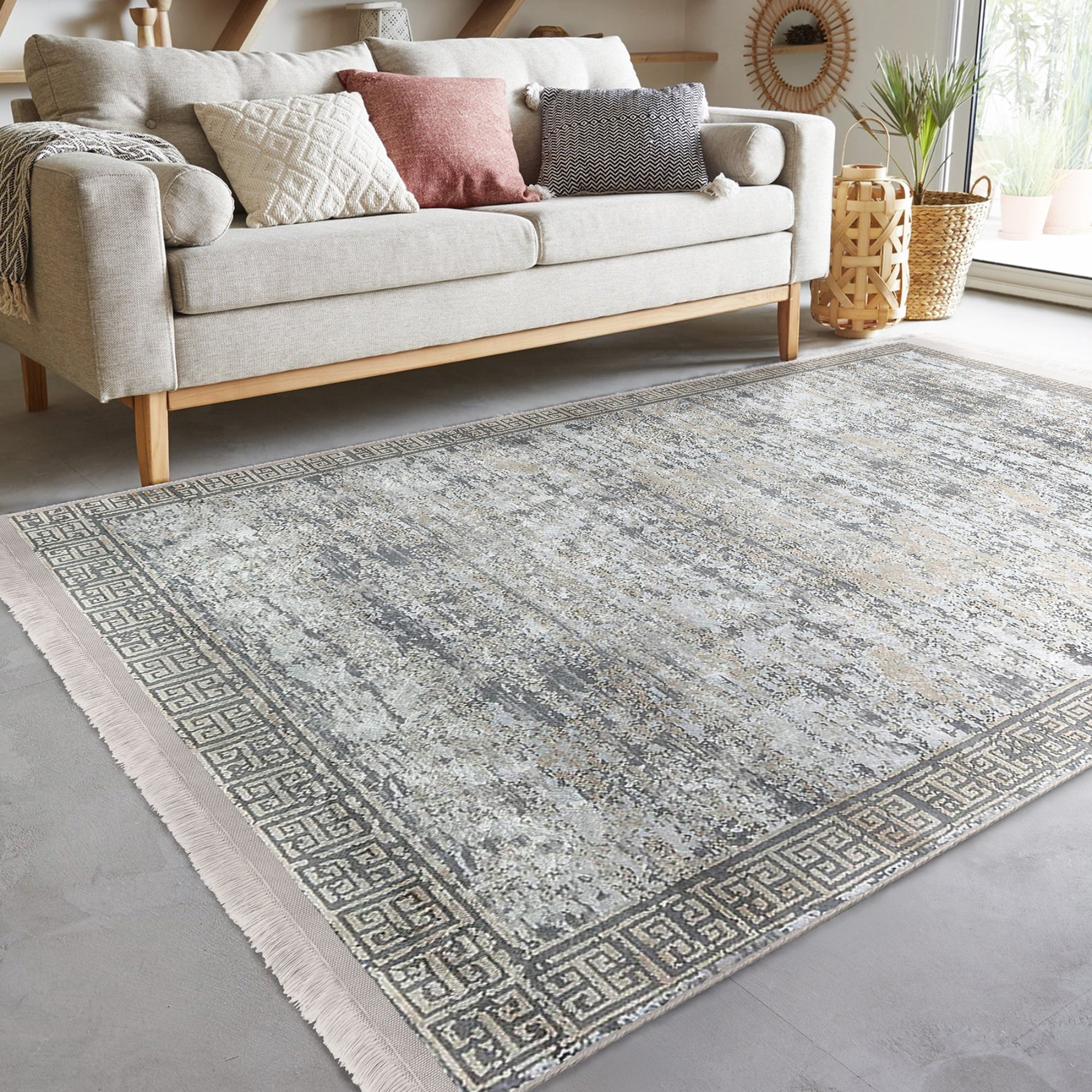 Grey Classic Home Living Room Washable Rug with fringes, showcasing a soft cotton and polyester blend, perfect for stylish interiors.