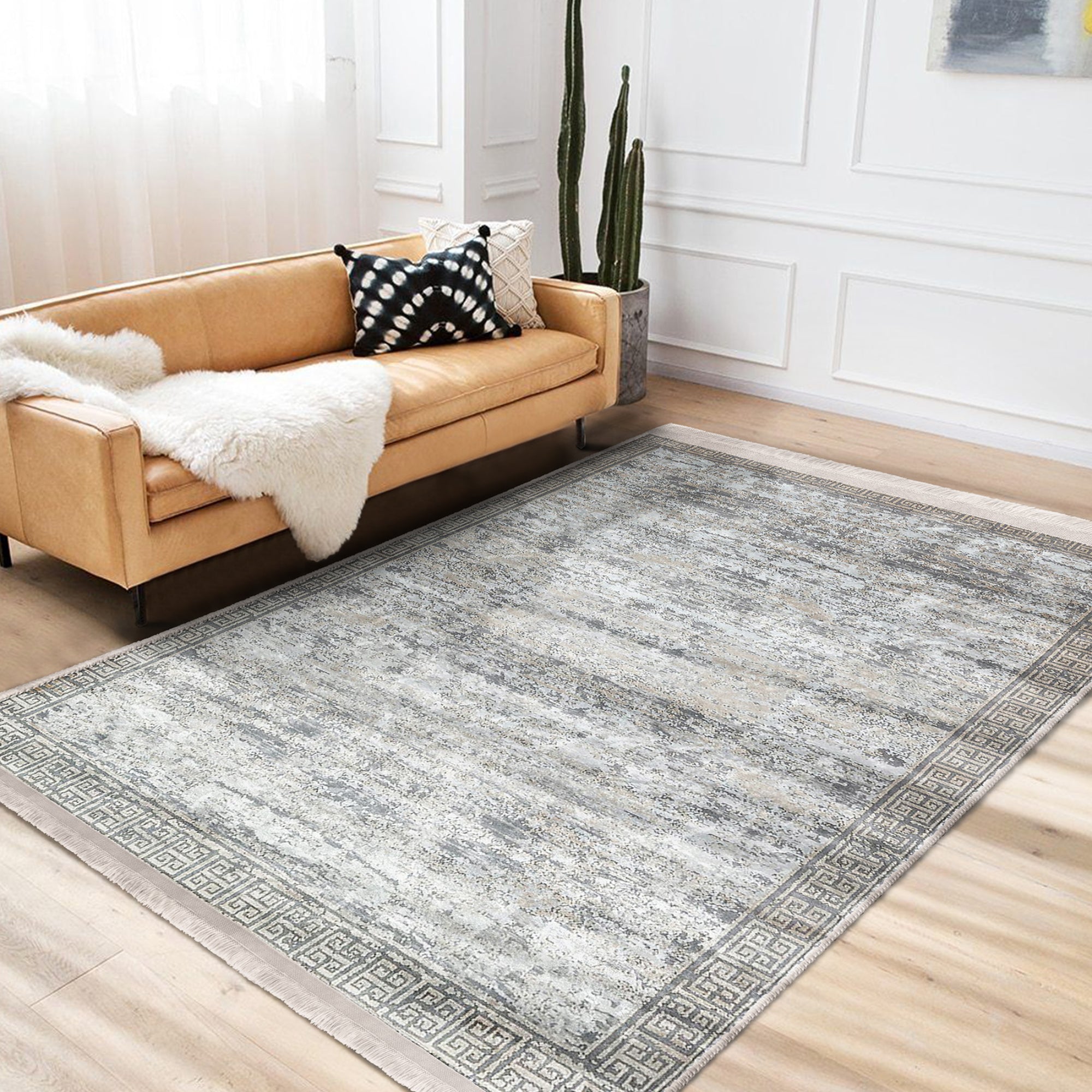 Grey Classic Home Living Room Washable Rug with fringes, showcasing a soft cotton and polyester blend, perfect for stylish interiors.