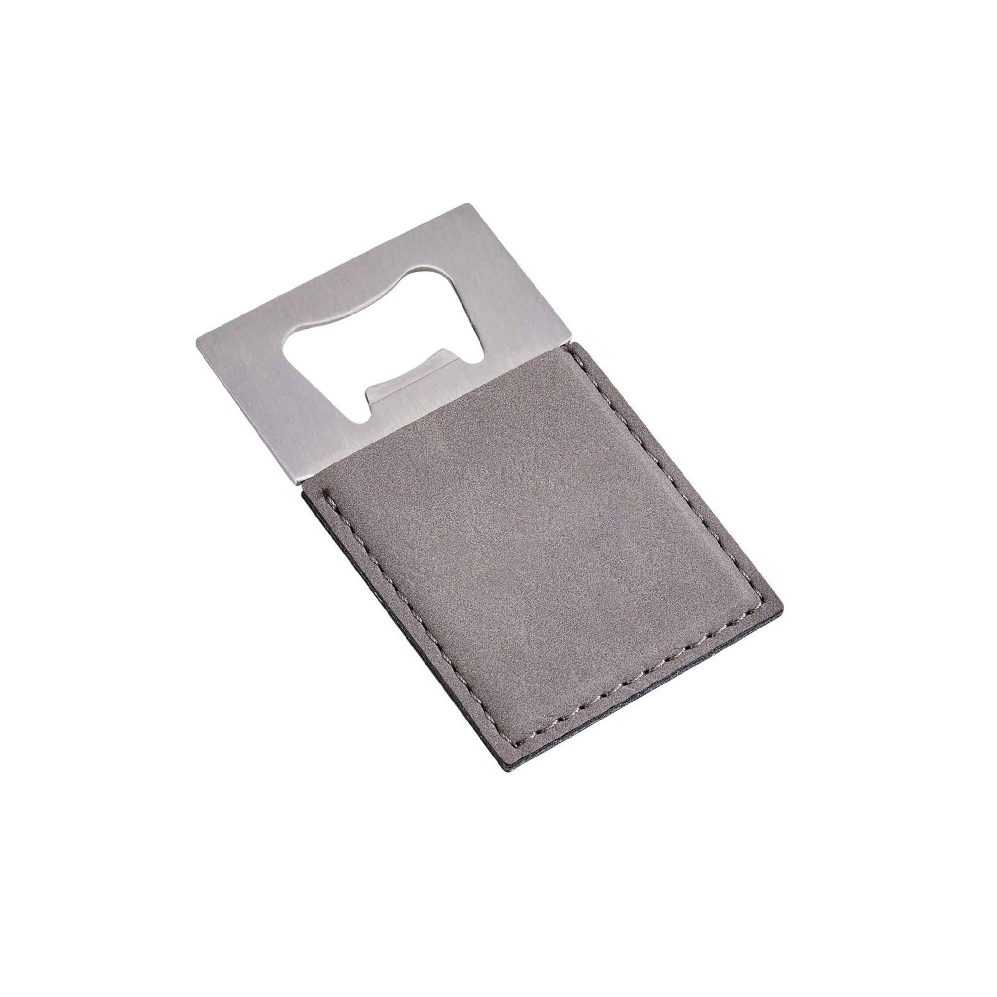 Grey leatherette bottle opener with stainless steel, measuring 3.5" x 2", elegantly designed for easy beverage opening.