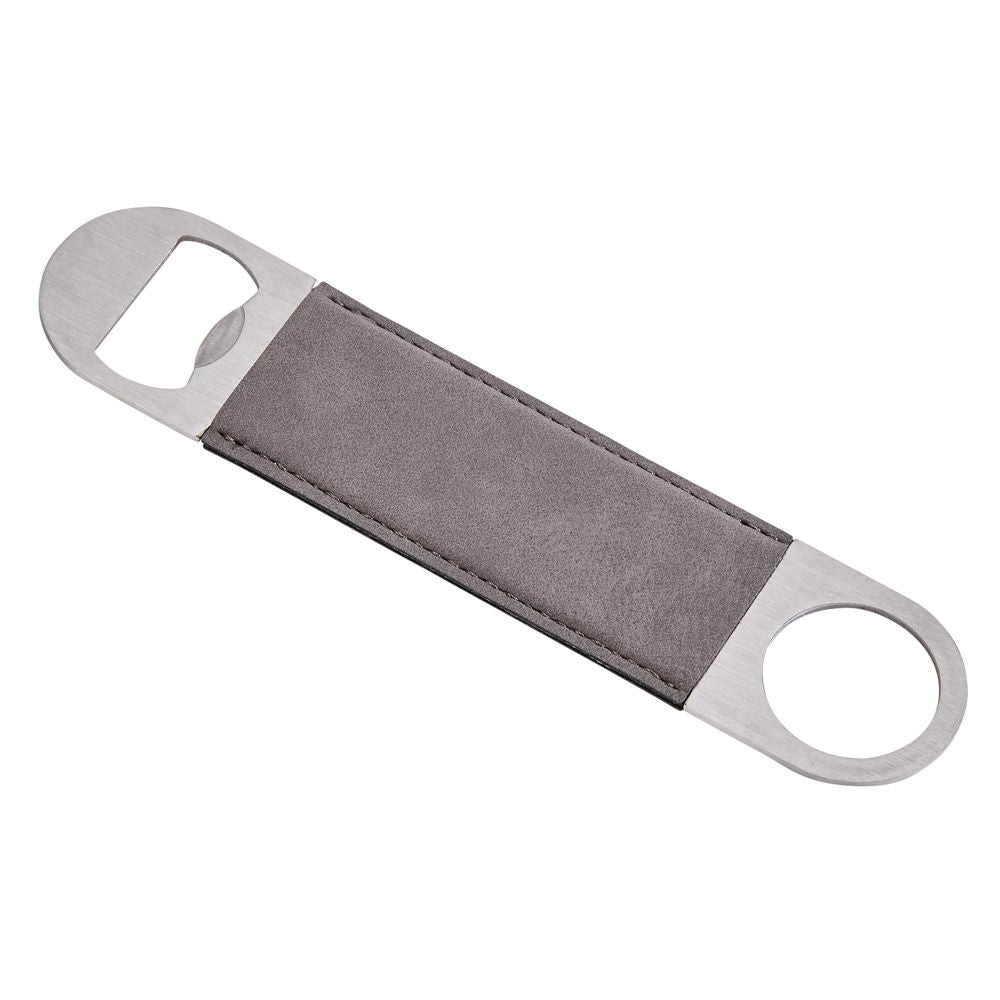 Grey leatherette and stainless steel bottle opener, measuring 7 inches by 1.5 inches, elegantly designed for easy beverage opening.