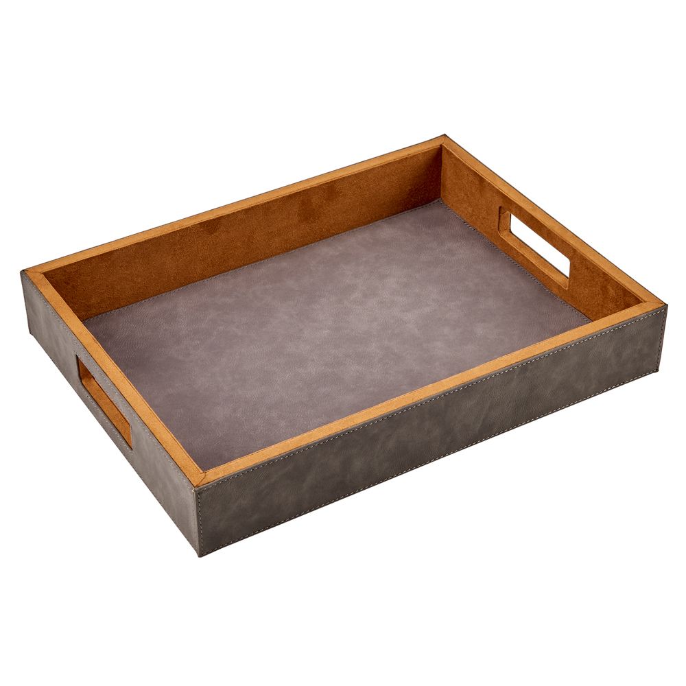 Grey leatherette tray with side handles, measuring 16" x 12" x 2.5", elegantly designed for serving.