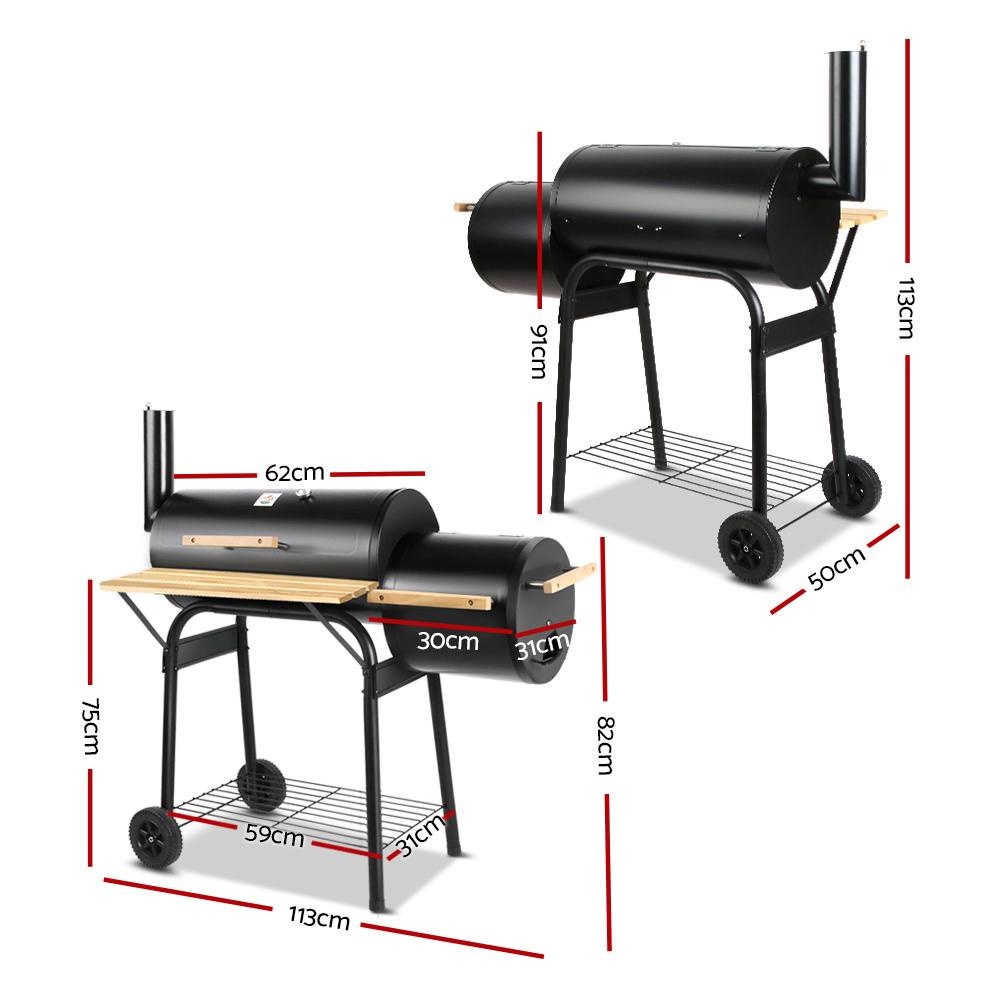 Grillz 2-in-1 Offset BBQ Smoker in black with chrome-coated steel grill and side firebox, showcasing its robust design and large workbench.