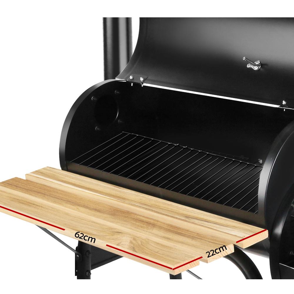 Grillz 2-in-1 Offset BBQ Smoker in black with chrome-coated steel grill and side firebox, showcasing its robust design and large workbench.