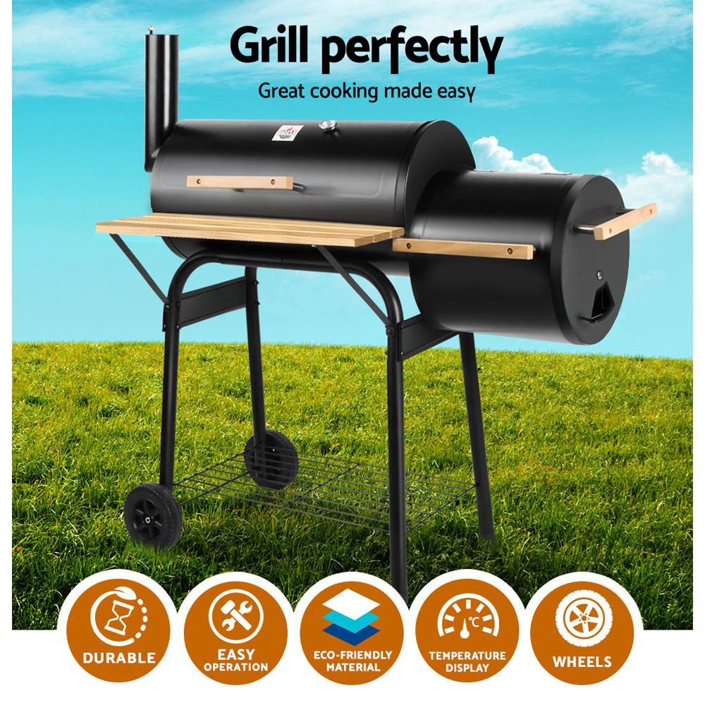 Grillz 2-in-1 Offset BBQ Smoker in black with chrome-coated steel grill and side firebox, showcasing its robust design and large workbench.