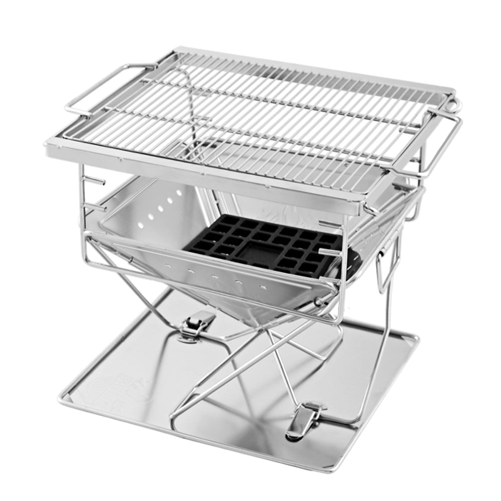 Grillz Portable Fire Pit BBQ made of stainless steel, showcasing its folding design and height-adjustable grill rack, perfect for outdoor cooking.